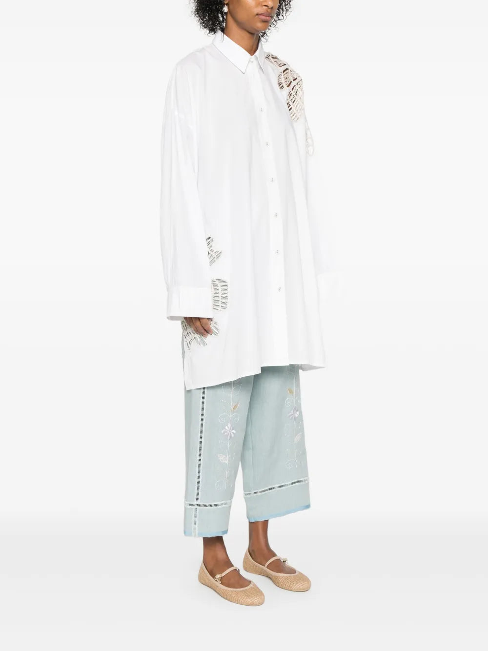 Botanical flower embroidery popline over shirt, white