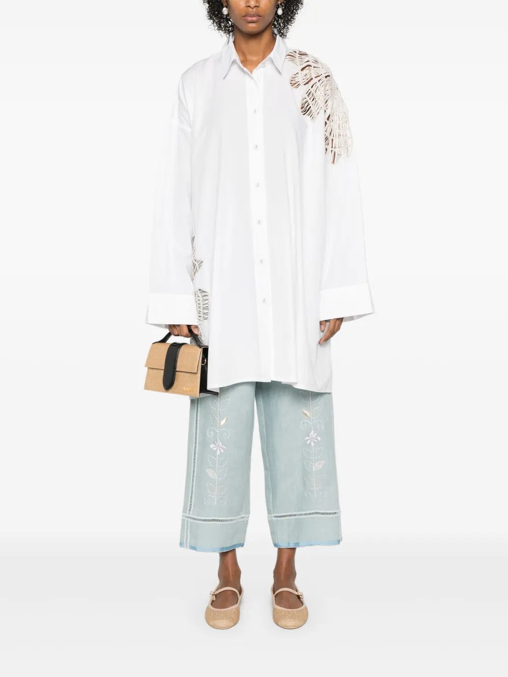Botanical flower embroidery popline over shirt, white