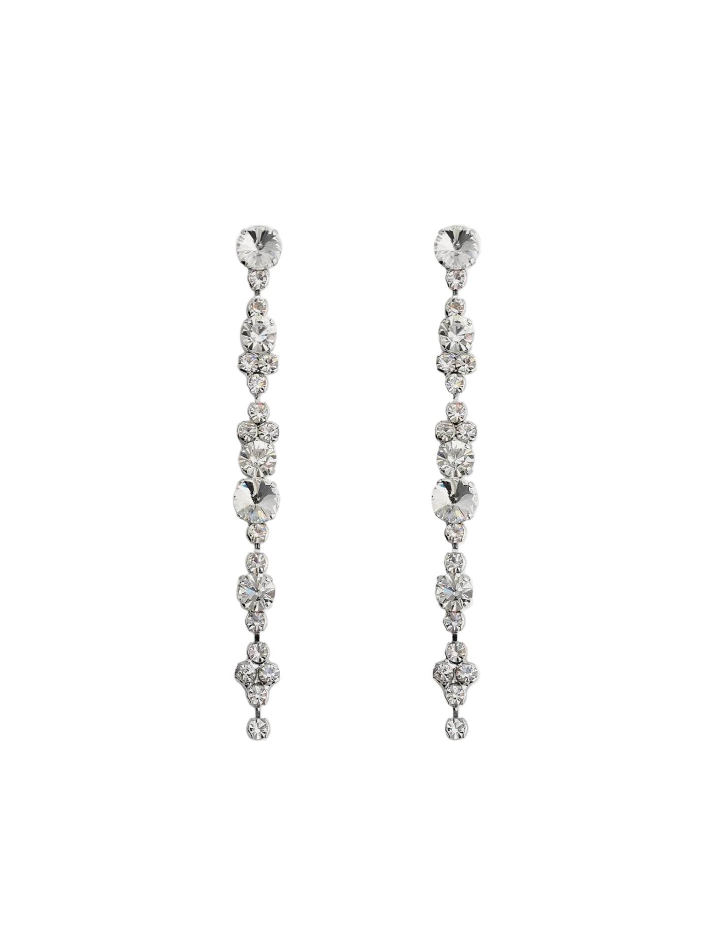 Pair of silver earrings with clear stones on a light gray background