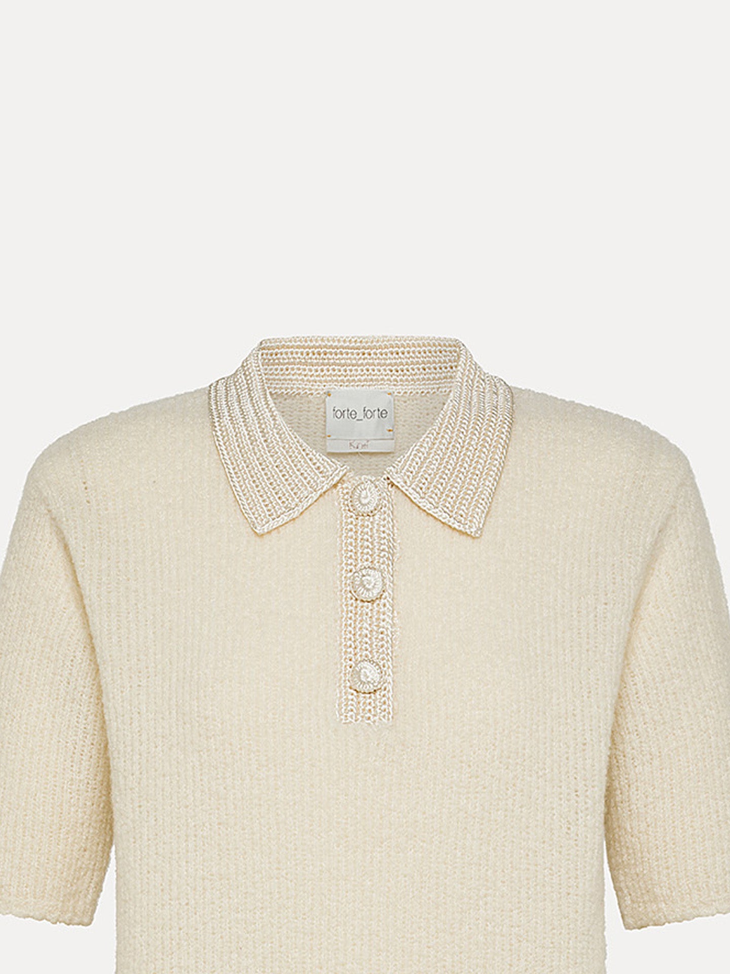 Cashmere boucle polo knit with crochet neck, cream