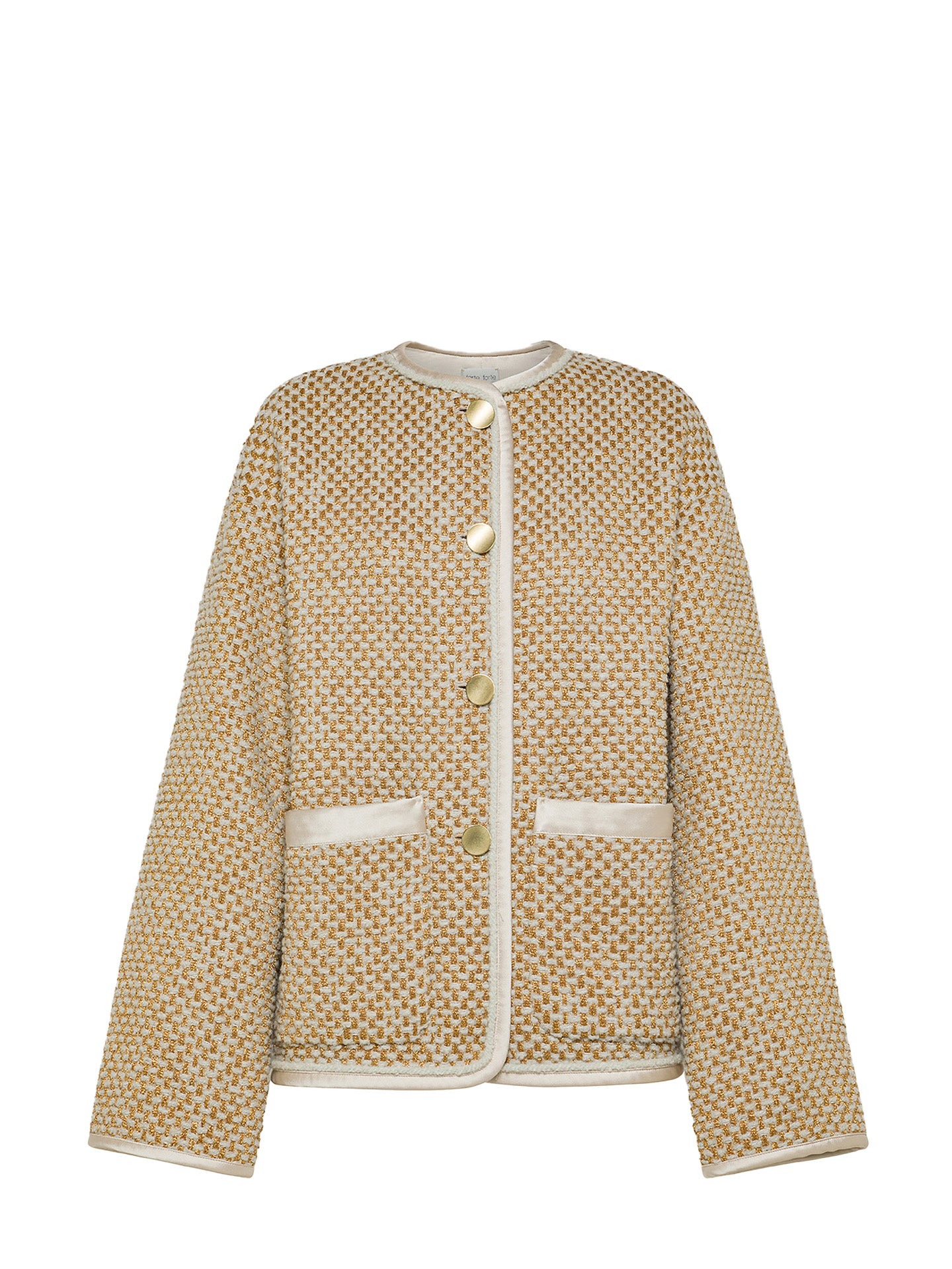 Beige textured jacket with white trim on a white background