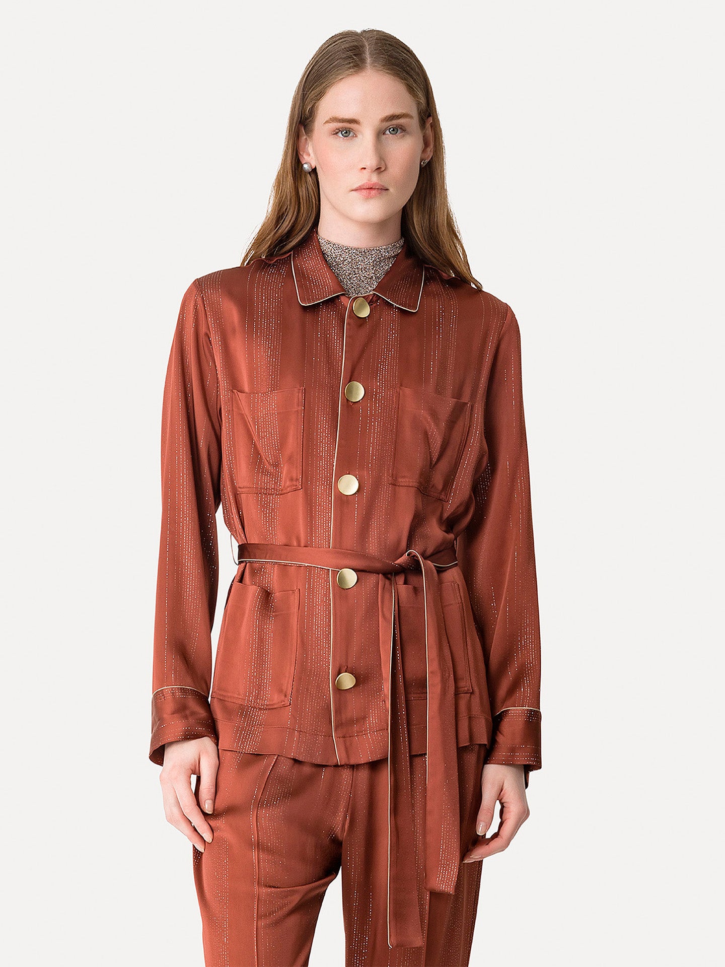 Silver pinstripe satin pyjama jacket, copper