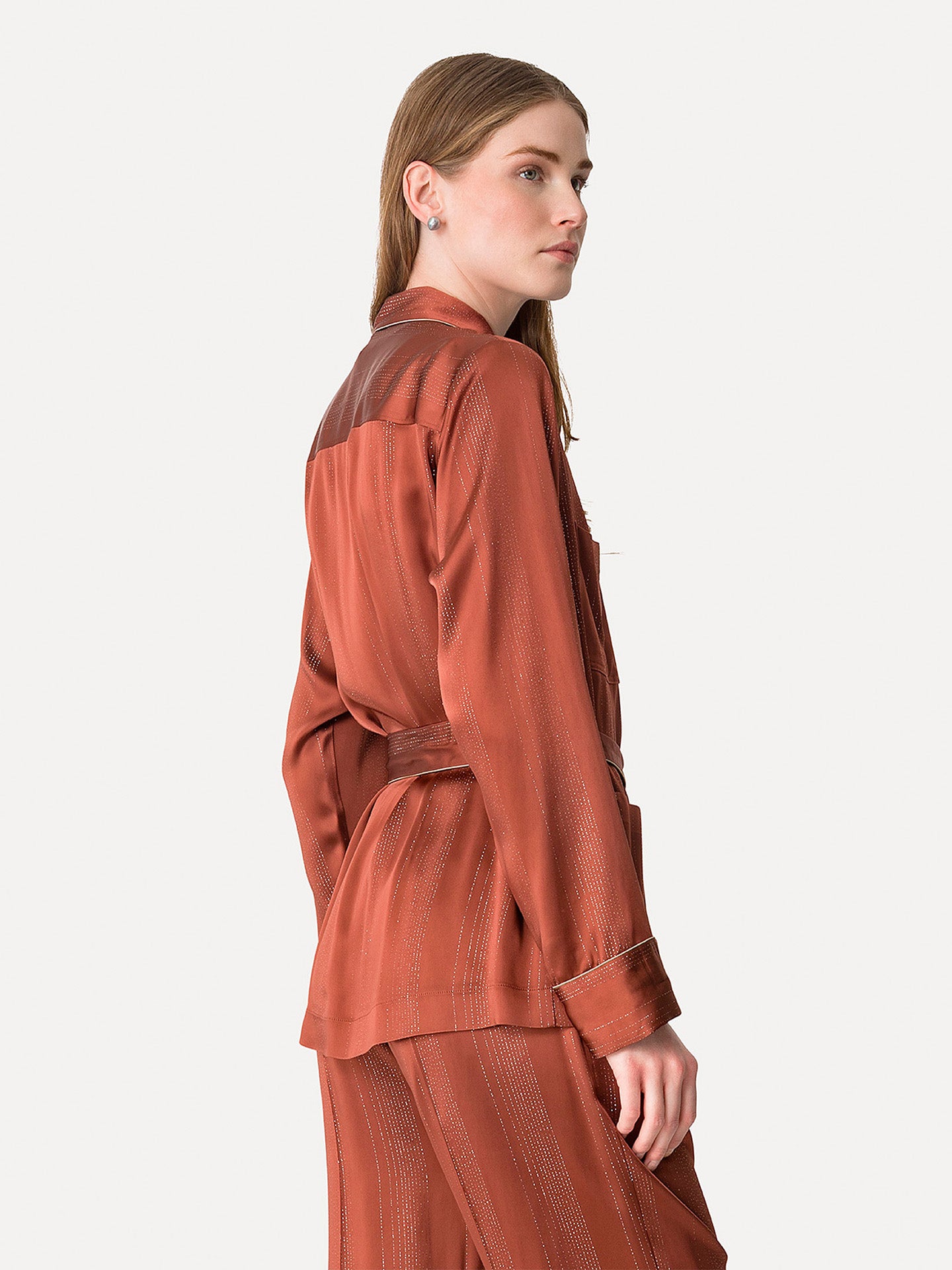 Silver pinstripe satin pyjama jacket, copper