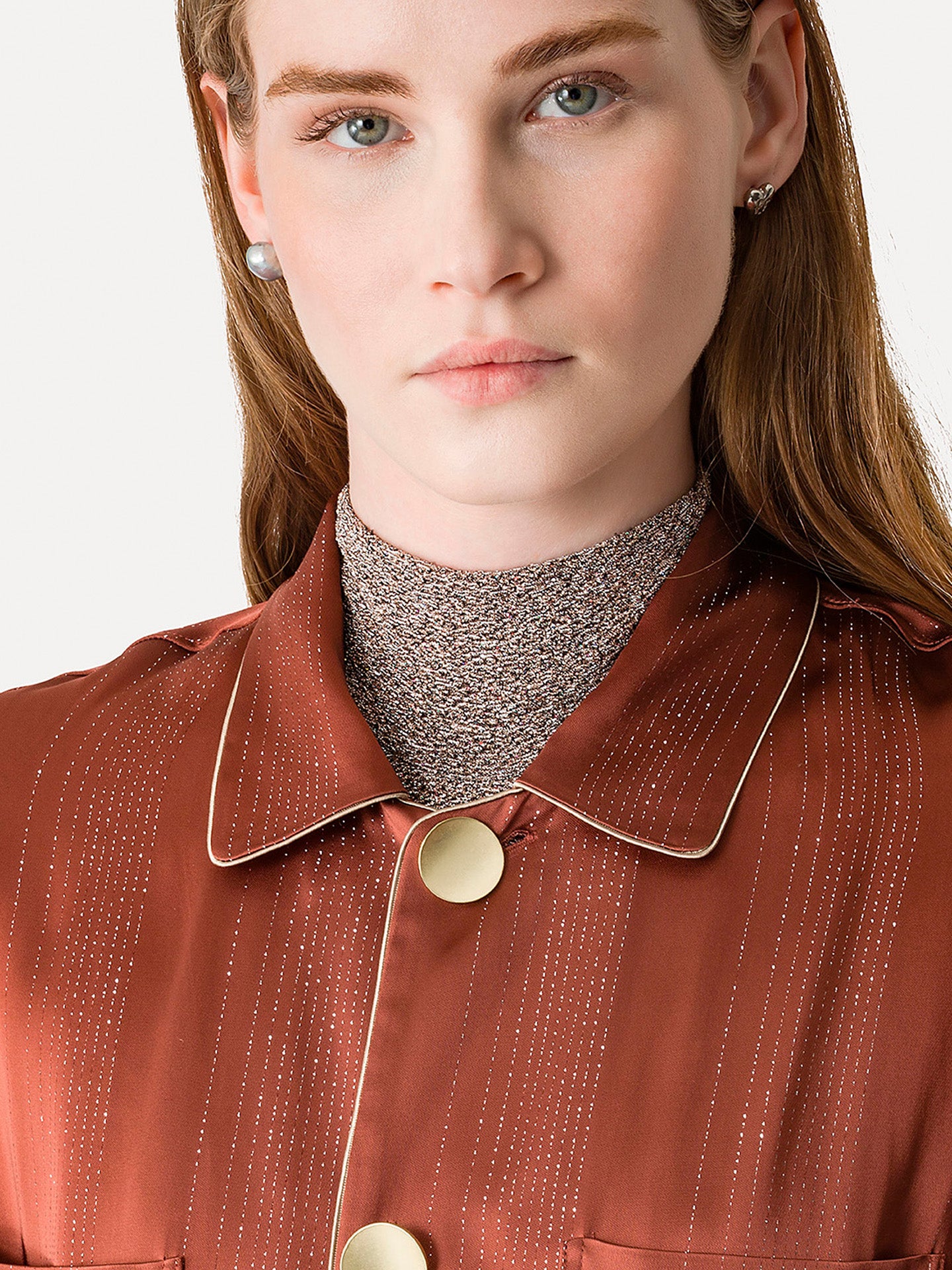 Silver pinstripe satin pyjama jacket, copper