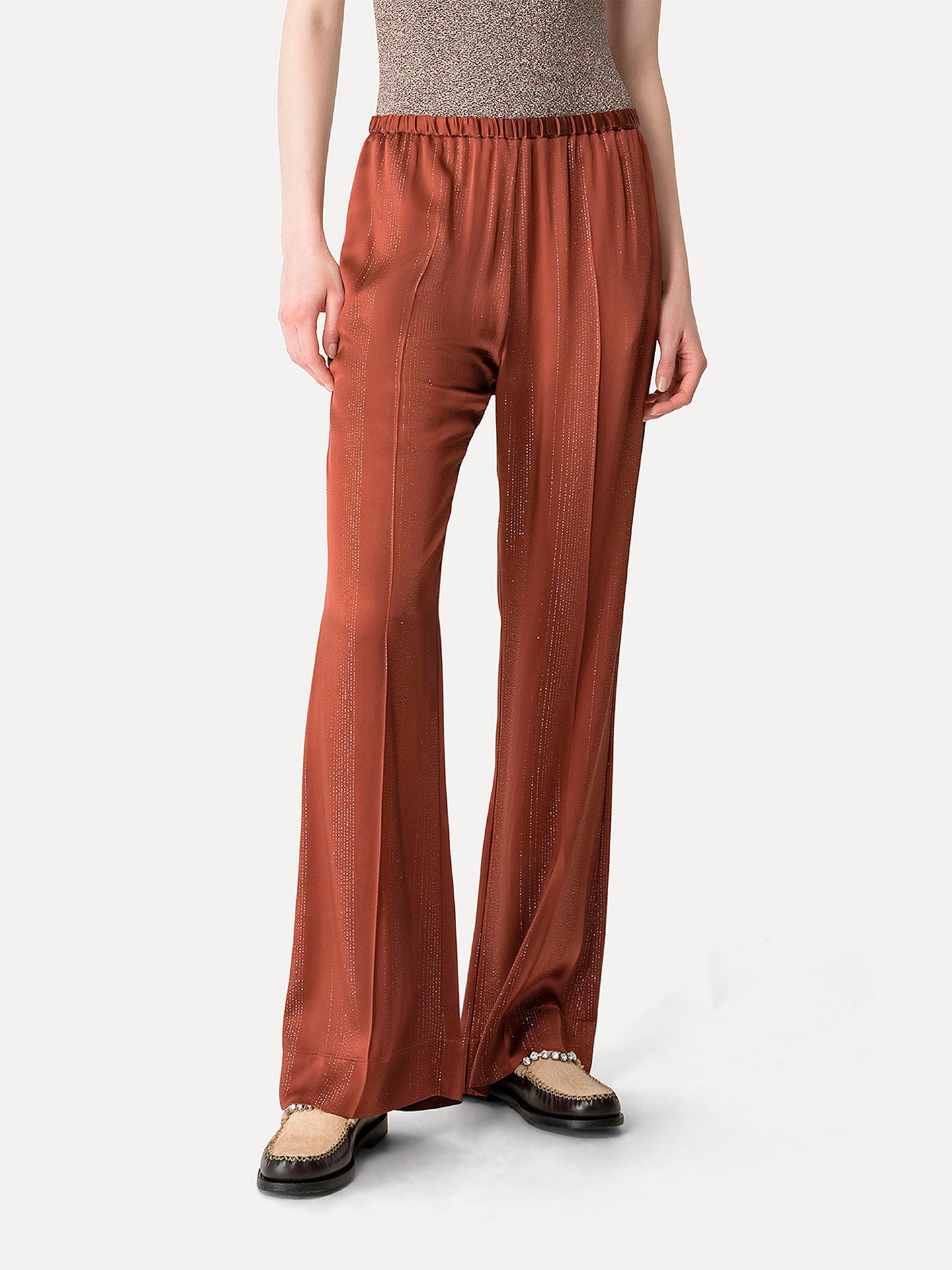 Silver pinstripe satin pants, copper