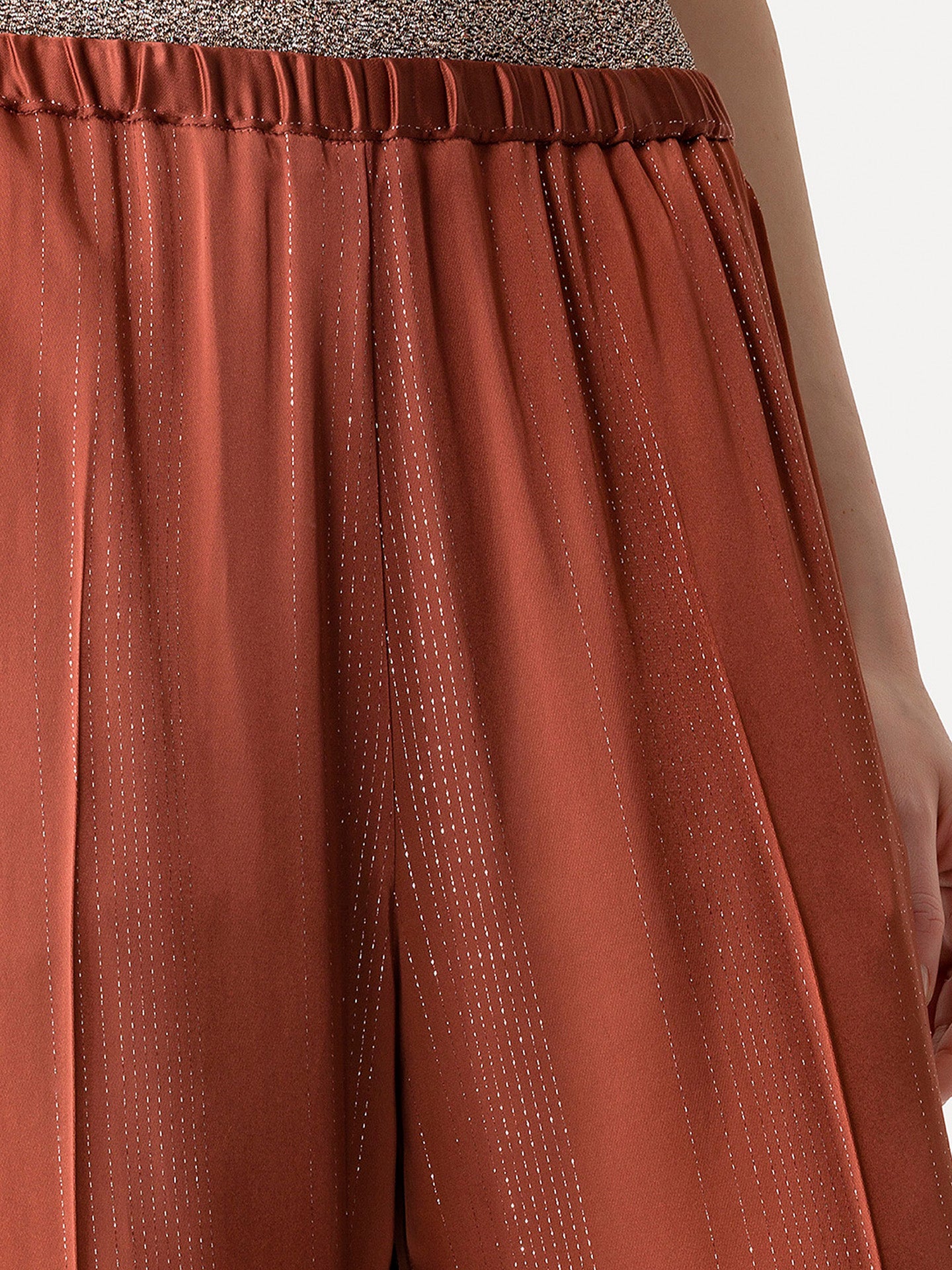 Silver pinstripe satin pants, copper
