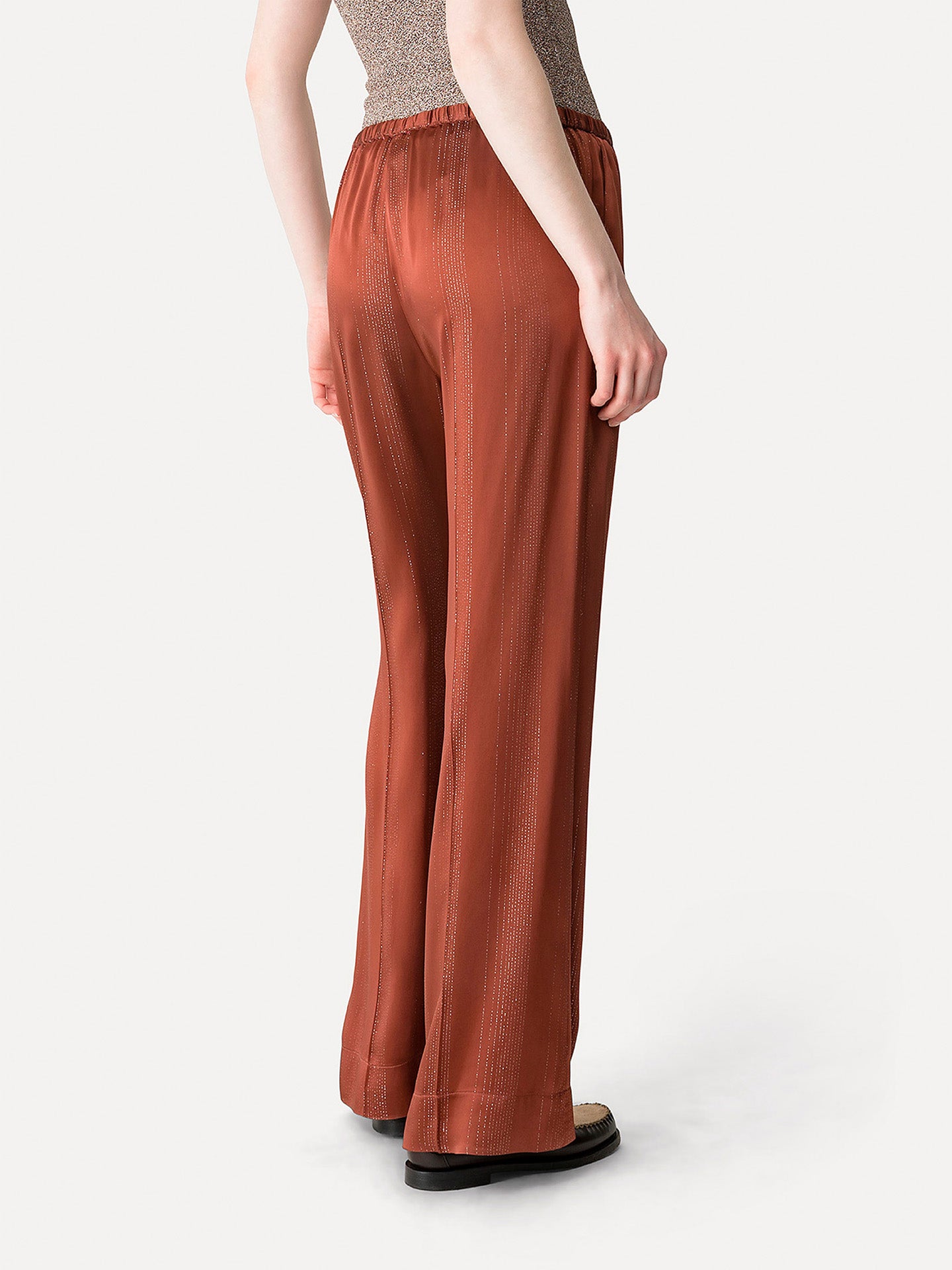 Silver pinstripe satin pants, copper