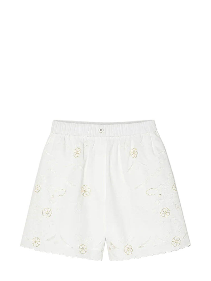 Lace and glass embroidered popline cotton shorts, crystal white