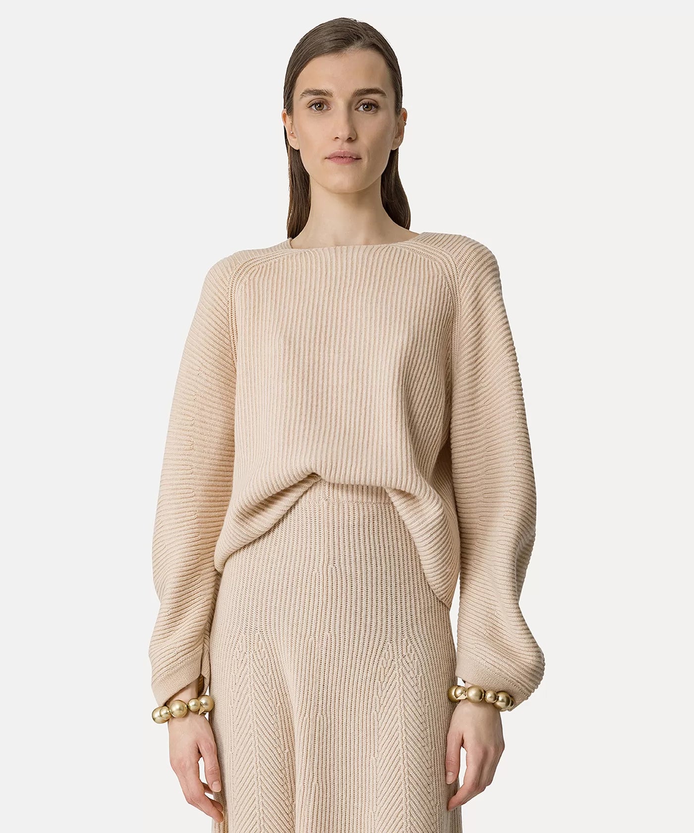 Cashmere wool ribbed half moon sweater, cream