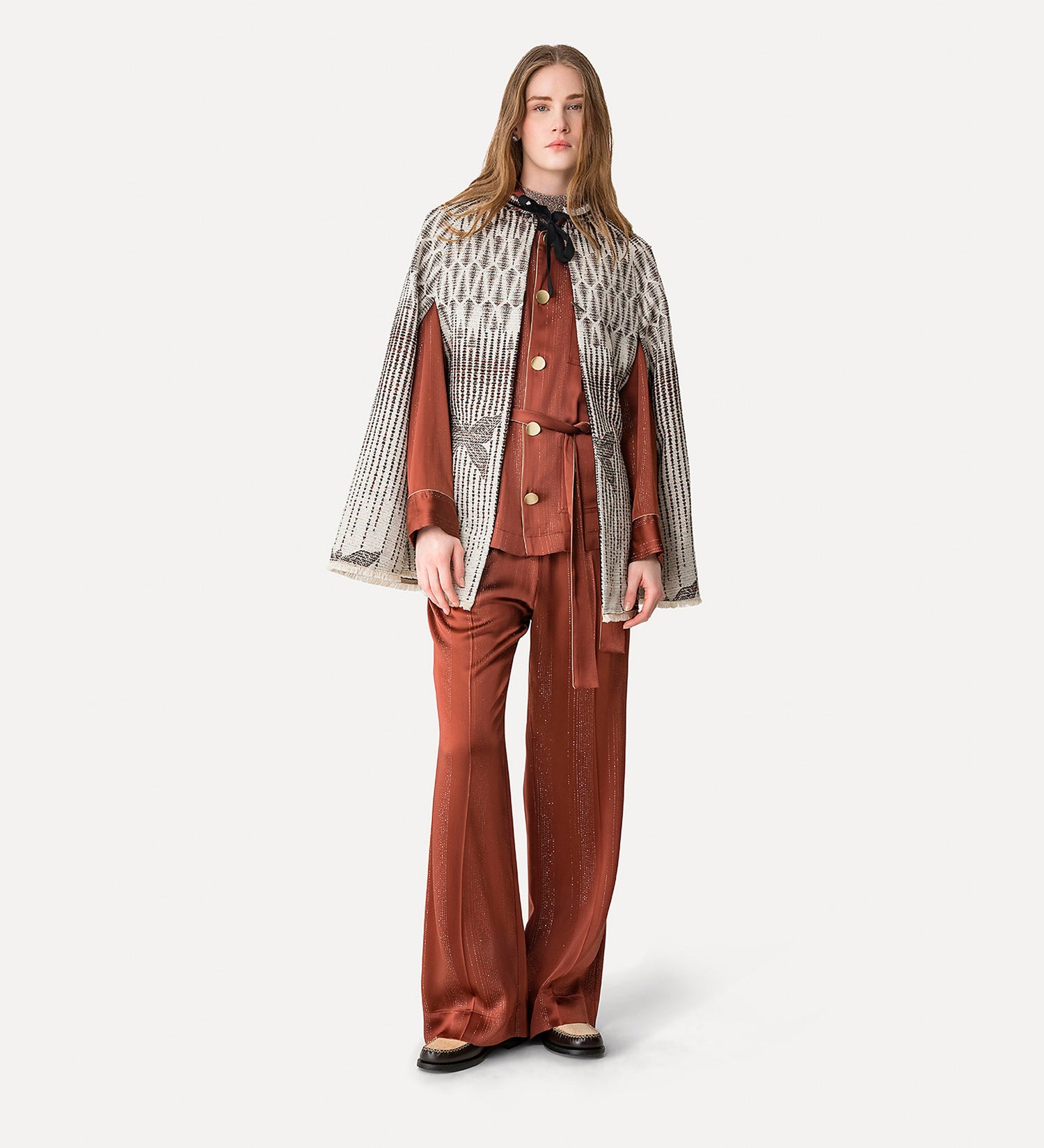 Silver pinstripe satin pants, copper