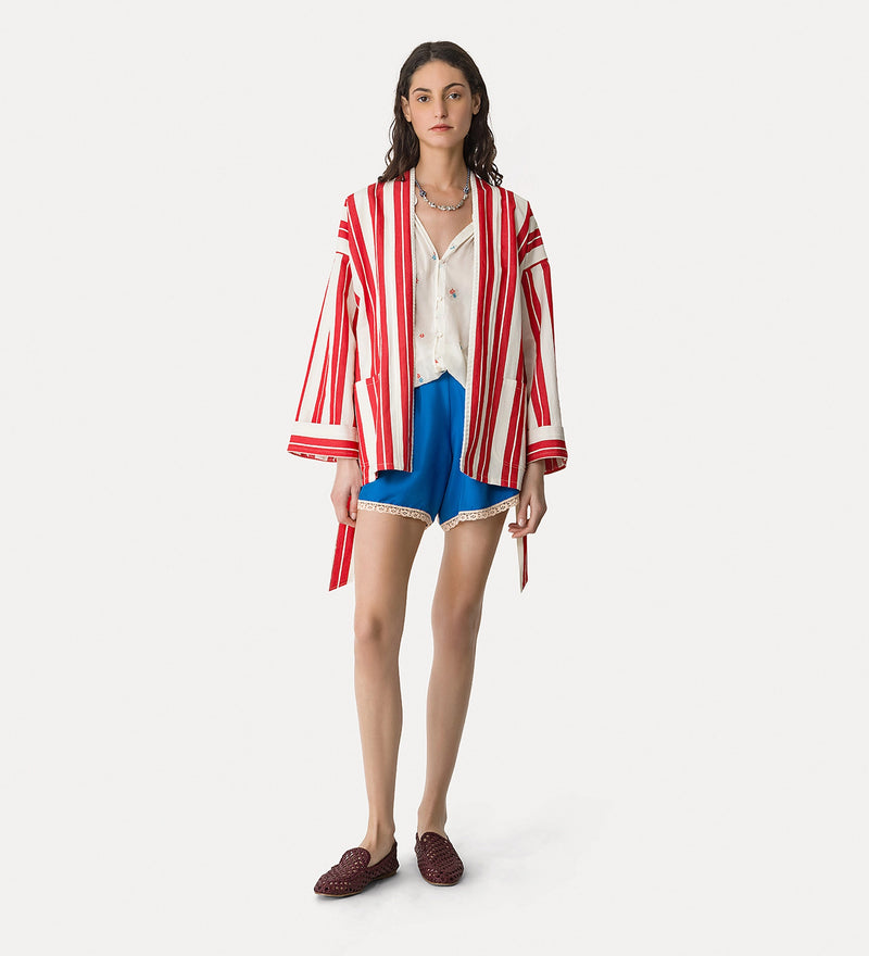 Chic striped cotton linen coat with embroidery, red-white