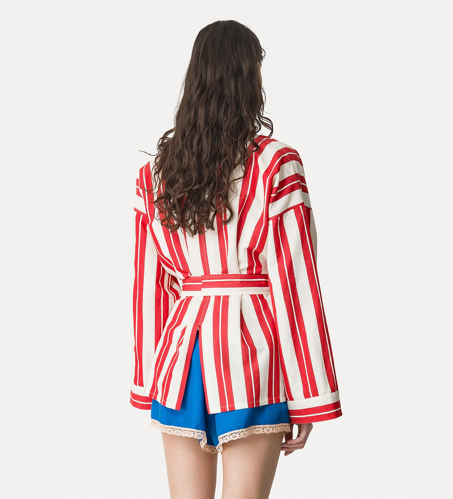 Chic striped cotton linen coat with embroidery, red-white