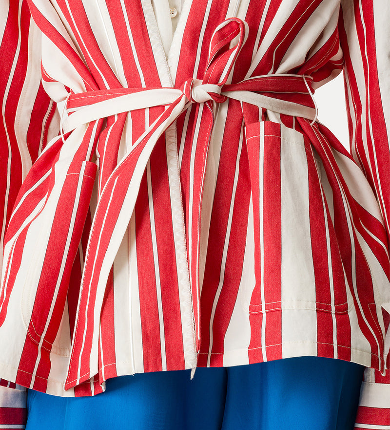 Chic striped cotton linen coat with embroidery, red-white