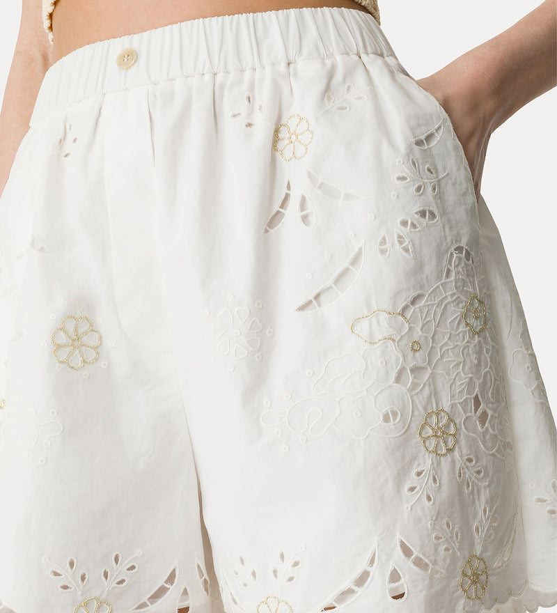 Lace and glass embroidered popline cotton shorts, crystal white