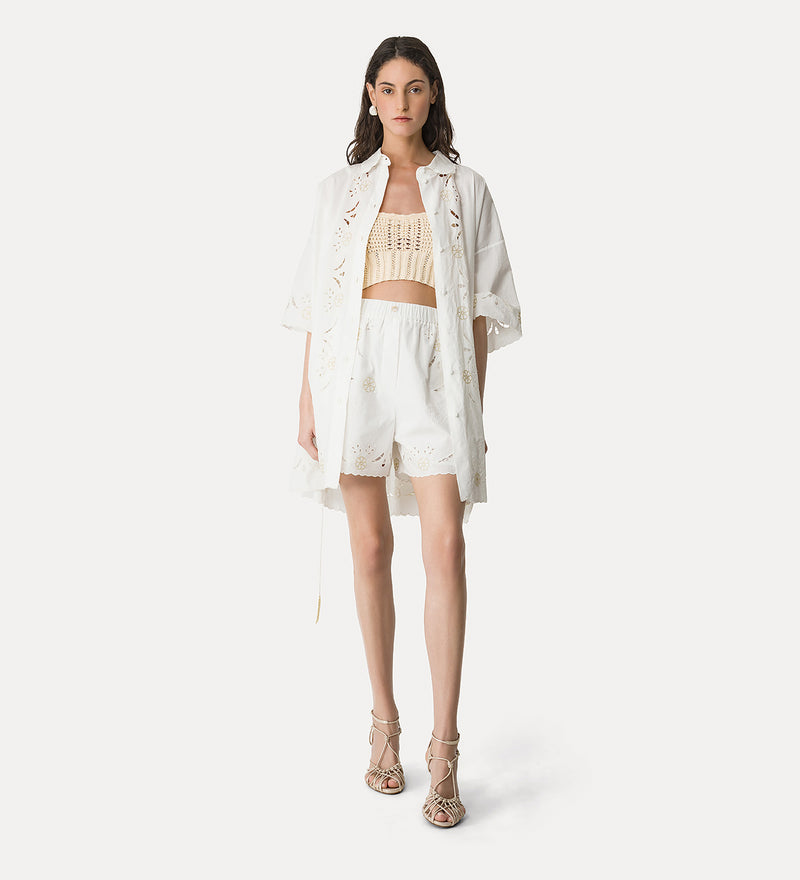 Lace and glass embroidered popline cotton shorts, crystal white