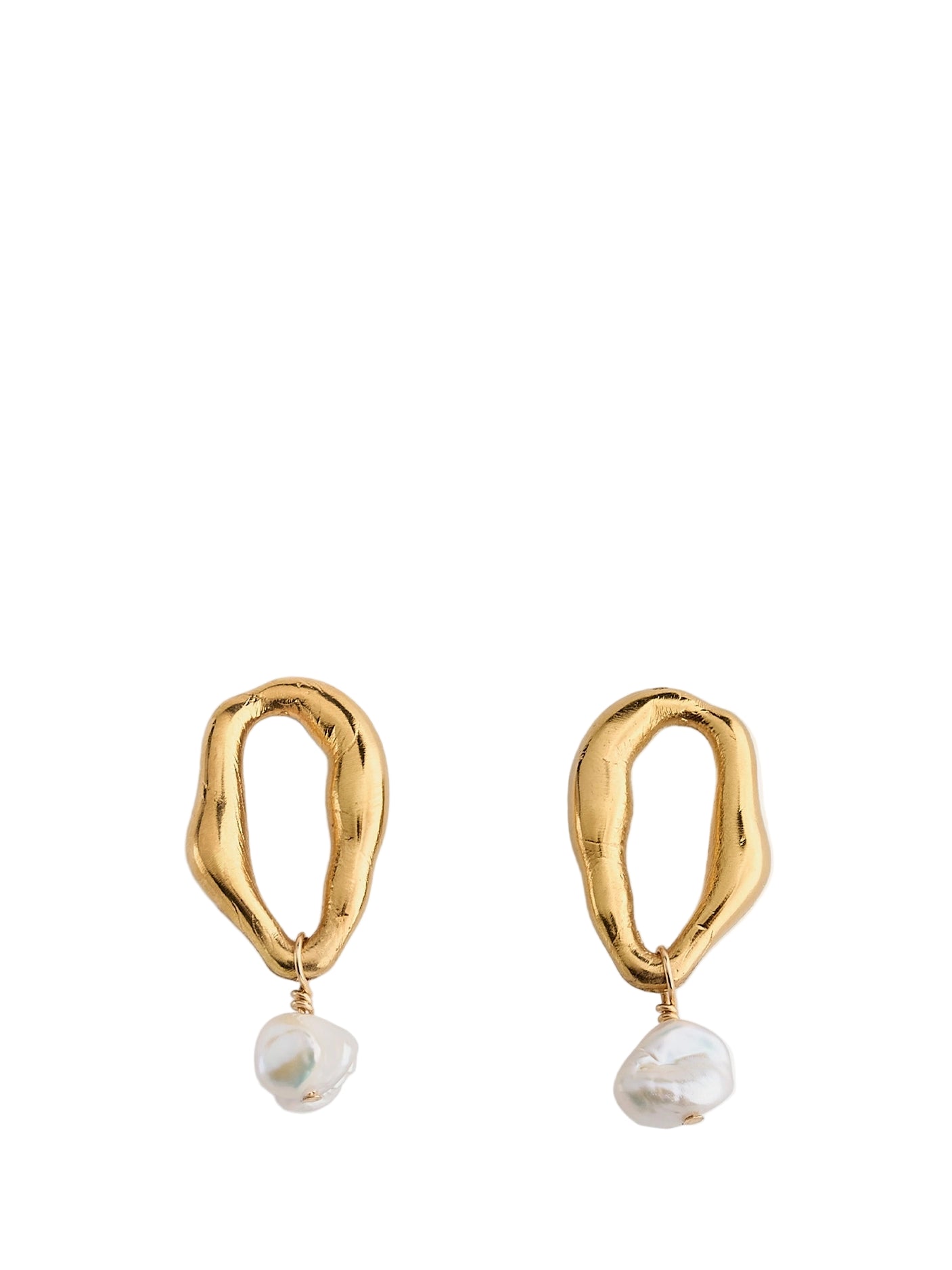 Gold earrings with pearl drops on a white background