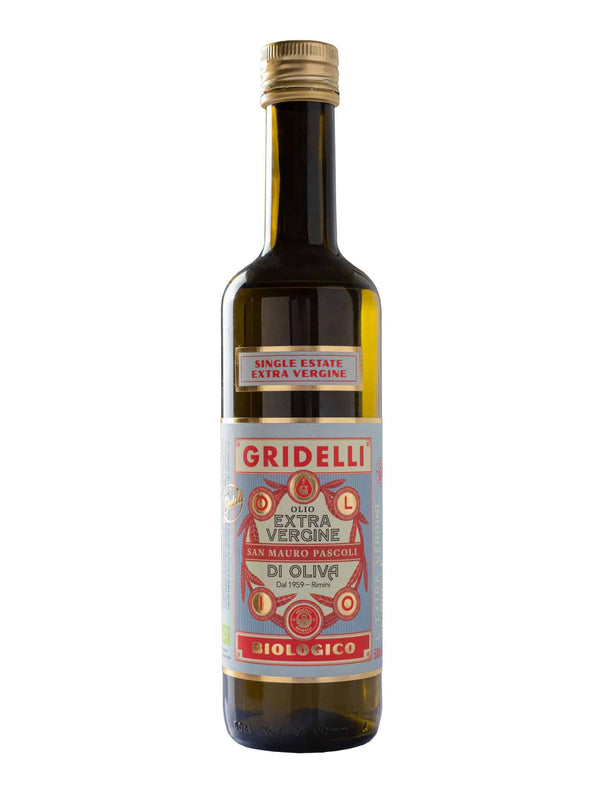 A bottle of San Mauro Pascoli extra virgin olive oil with a label indicating it is organic and gridelli brand.