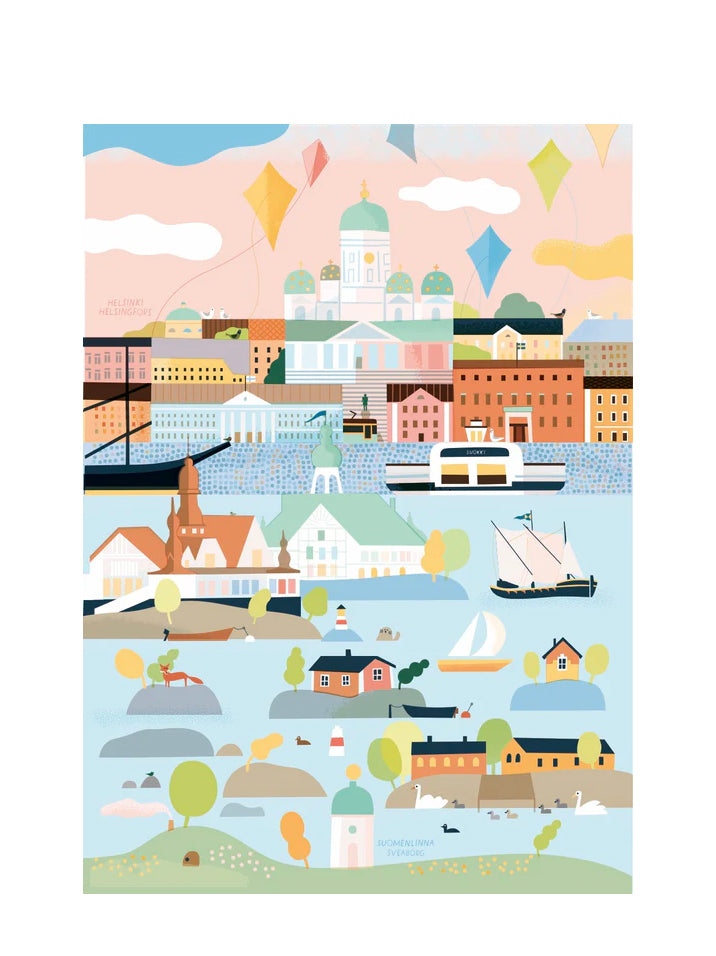 Illustration of coastal Helsinki with buildings, boats, and landscapes.