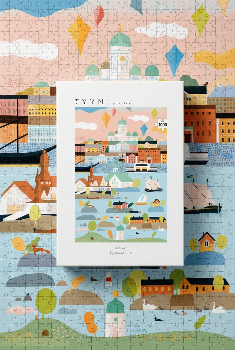 Jigsaw puzzle with a colorful cityscape design on a pink background