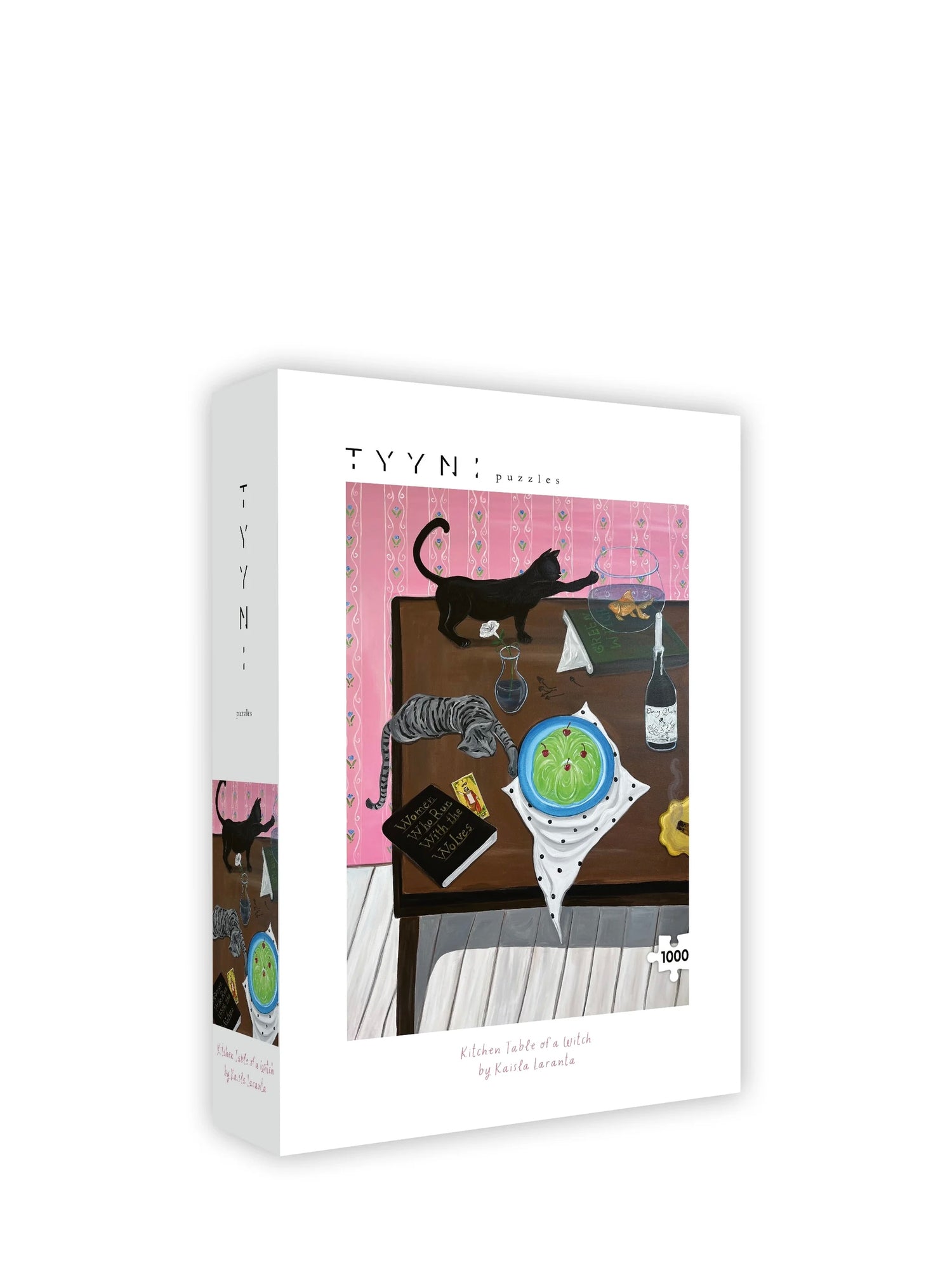 Puzzle packaging with illustration of a cat and table setting on a white background