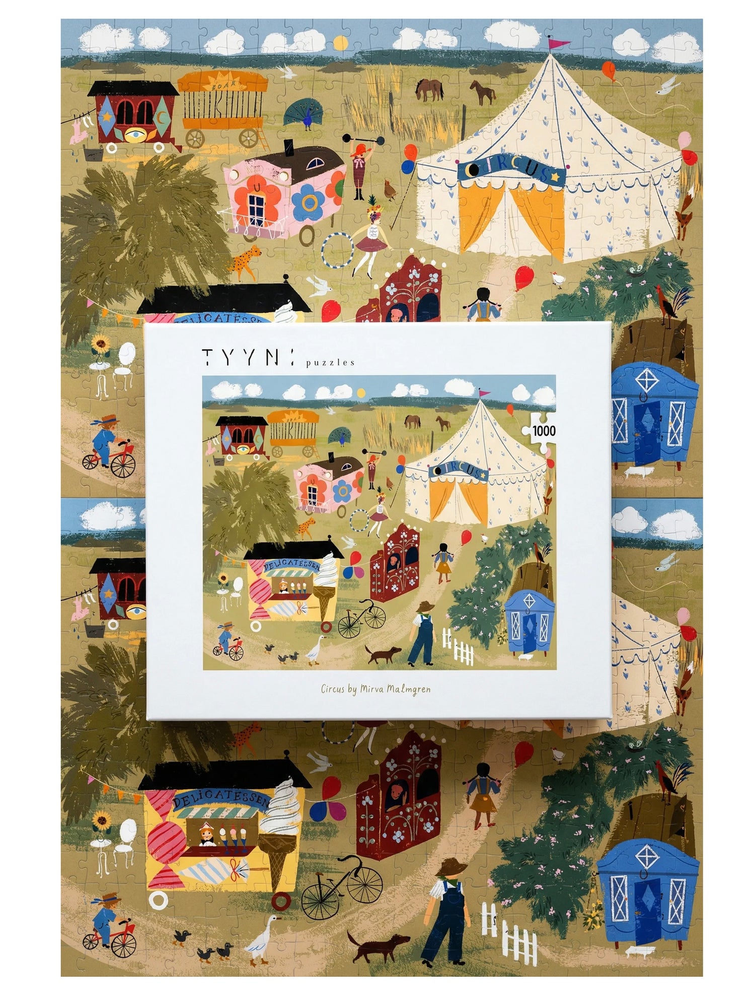 Illustrated scene with circus tents and people, featuring a TYYNI brand packaging.