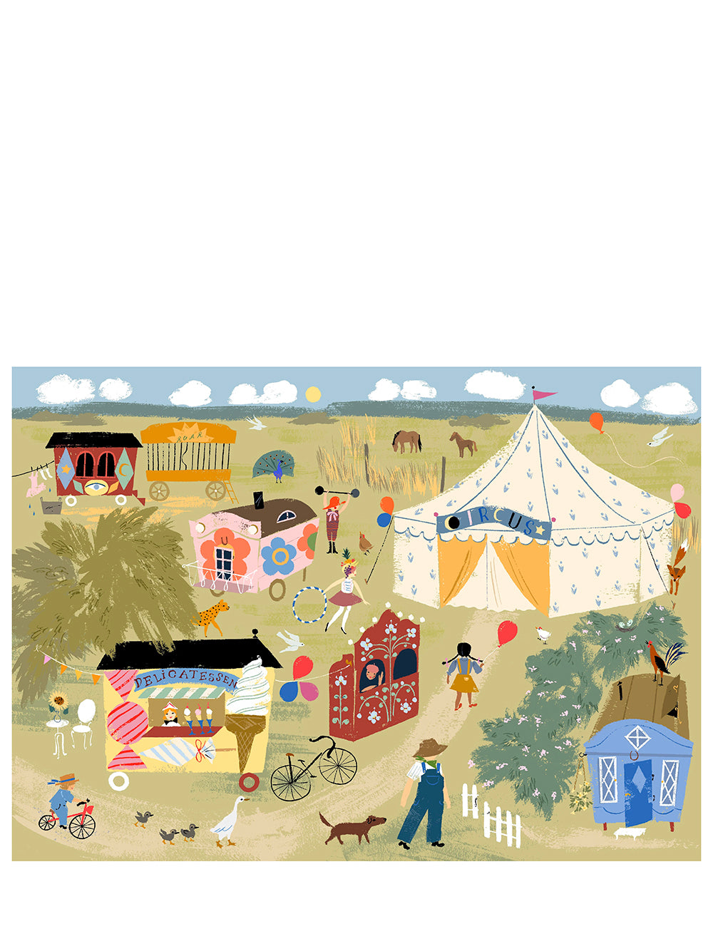 Illustration of a circus with tents, stalls, and people.