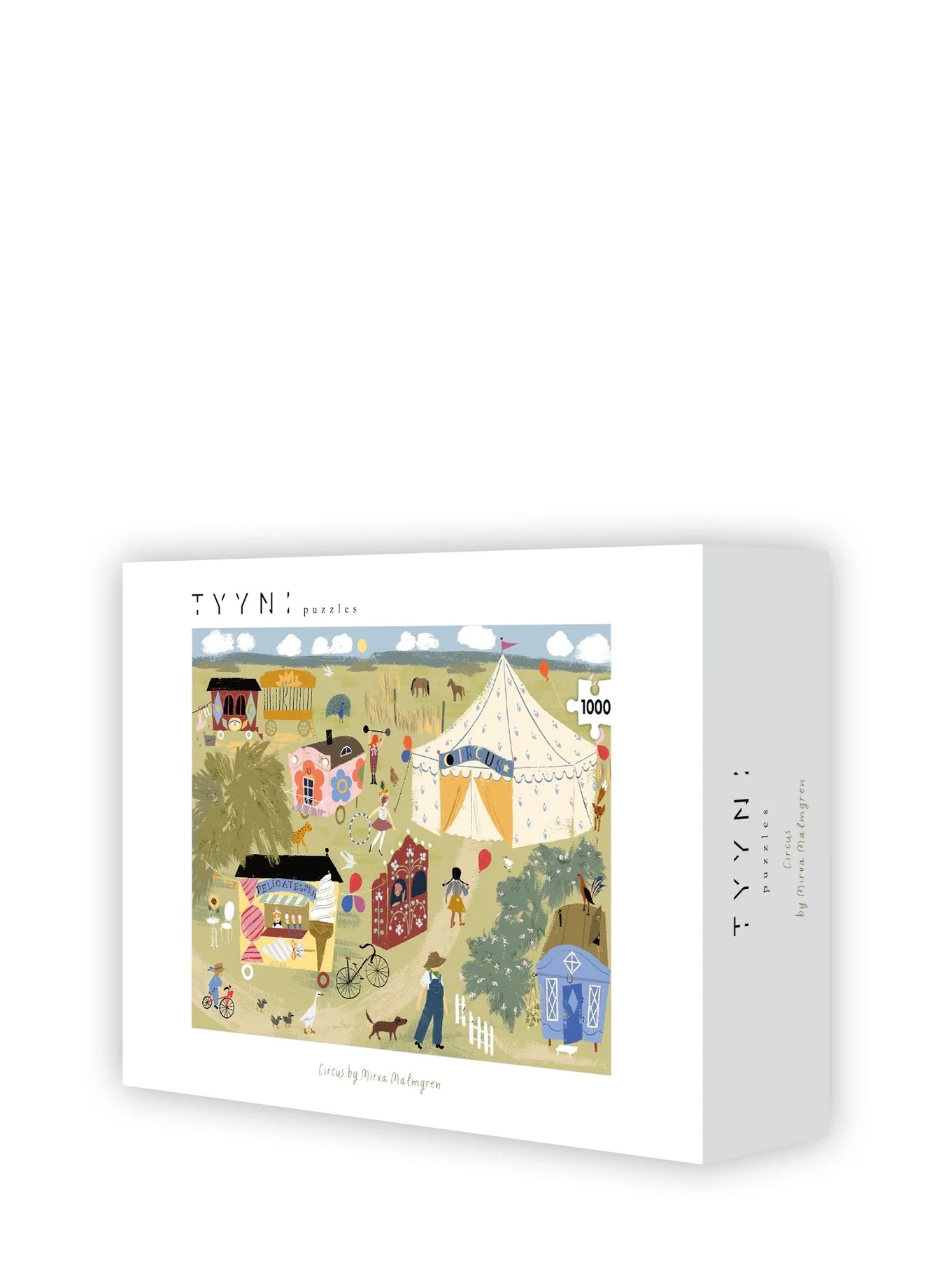 Jigsaw puzzle box with illustration of a circus scene on a white background