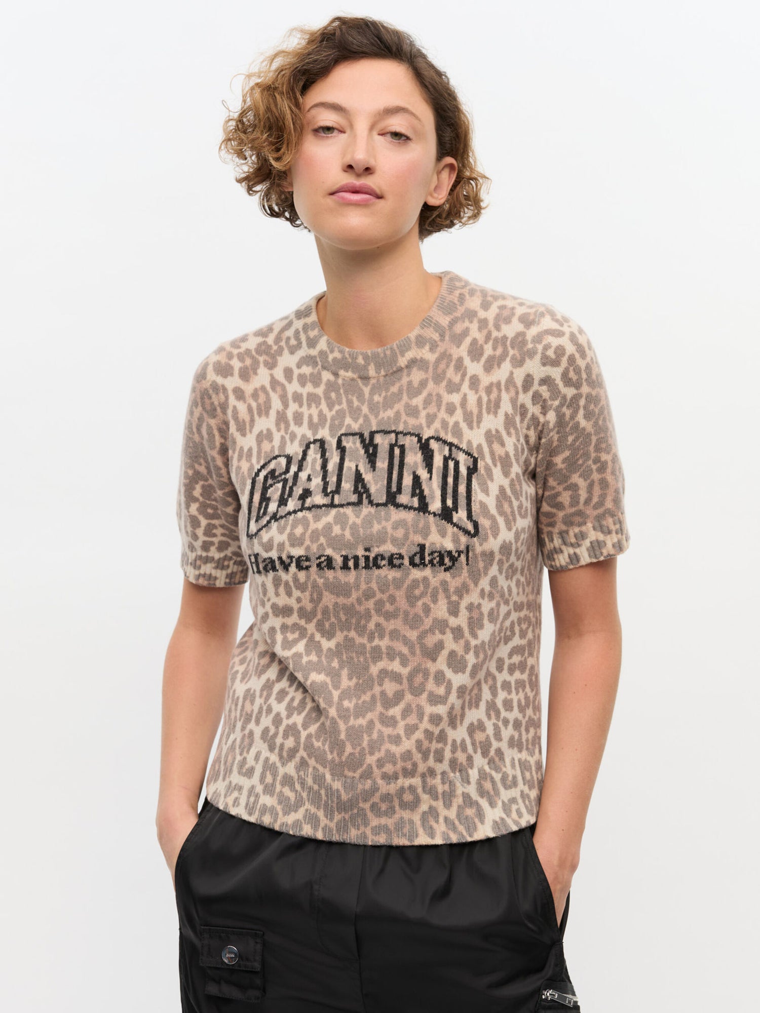 Graphic Wool Mix Printed T-shirt, leopard