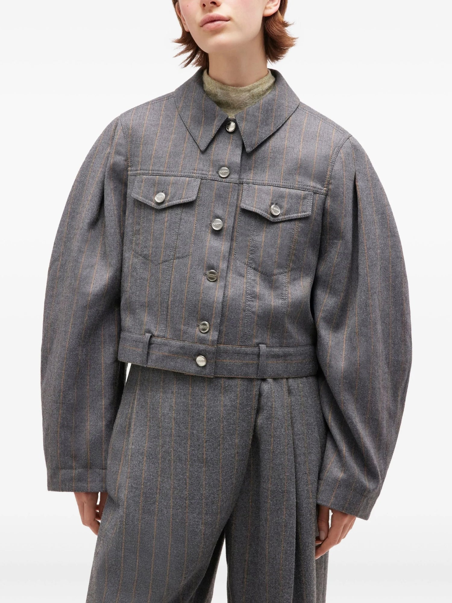 Pinstripe brushed wool cropped jacket, grey