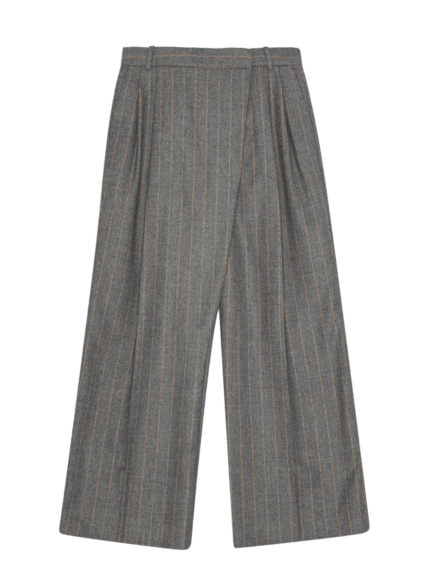 Gray pinstripe pants on a white background