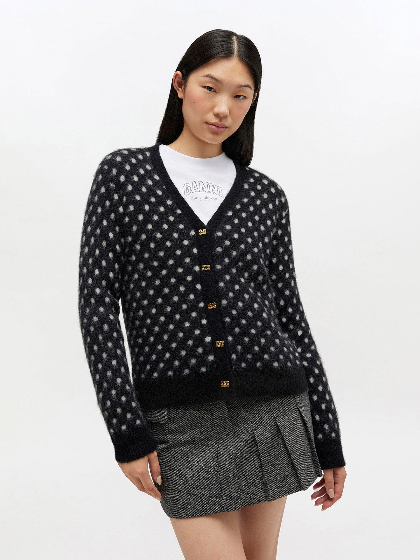 Heavy brushed alpaca graphic dot print cardigan, black-white