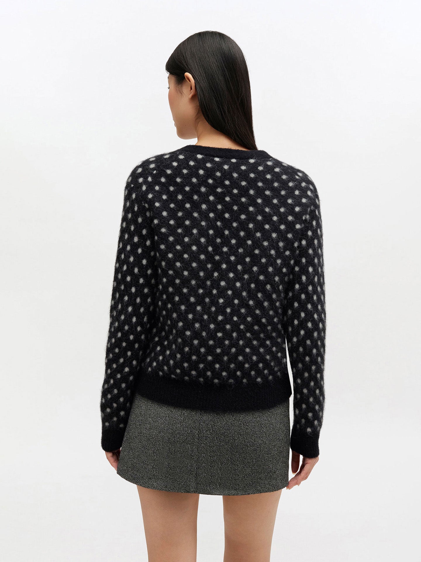Heavy brushed alpaca graphic dot print cardigan, black-white