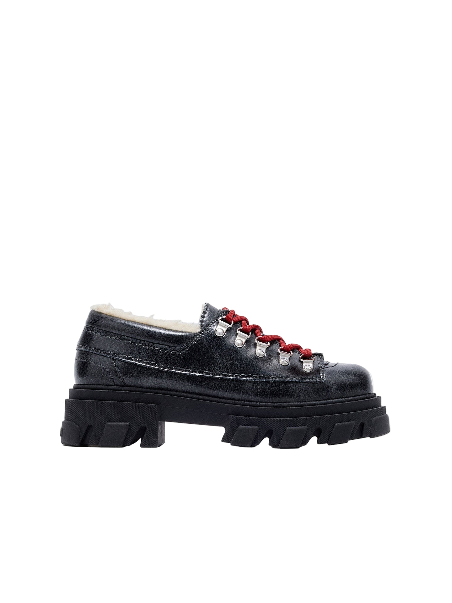 Grey shoe with red laces on a white background