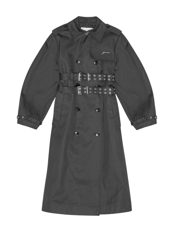 Black trench coat with belt on a white background