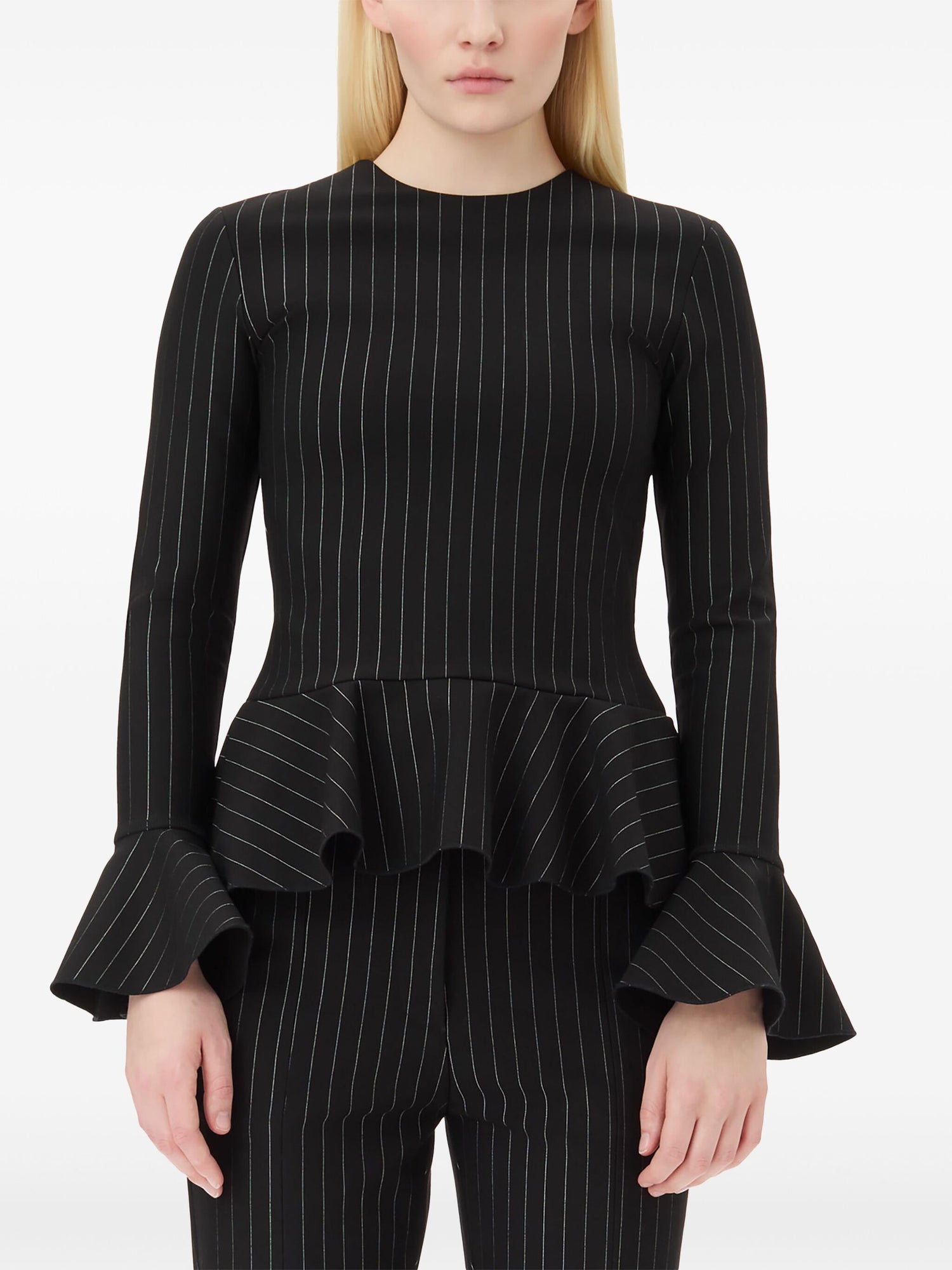 Compact Stripe Jersey Peplum Blouse, black