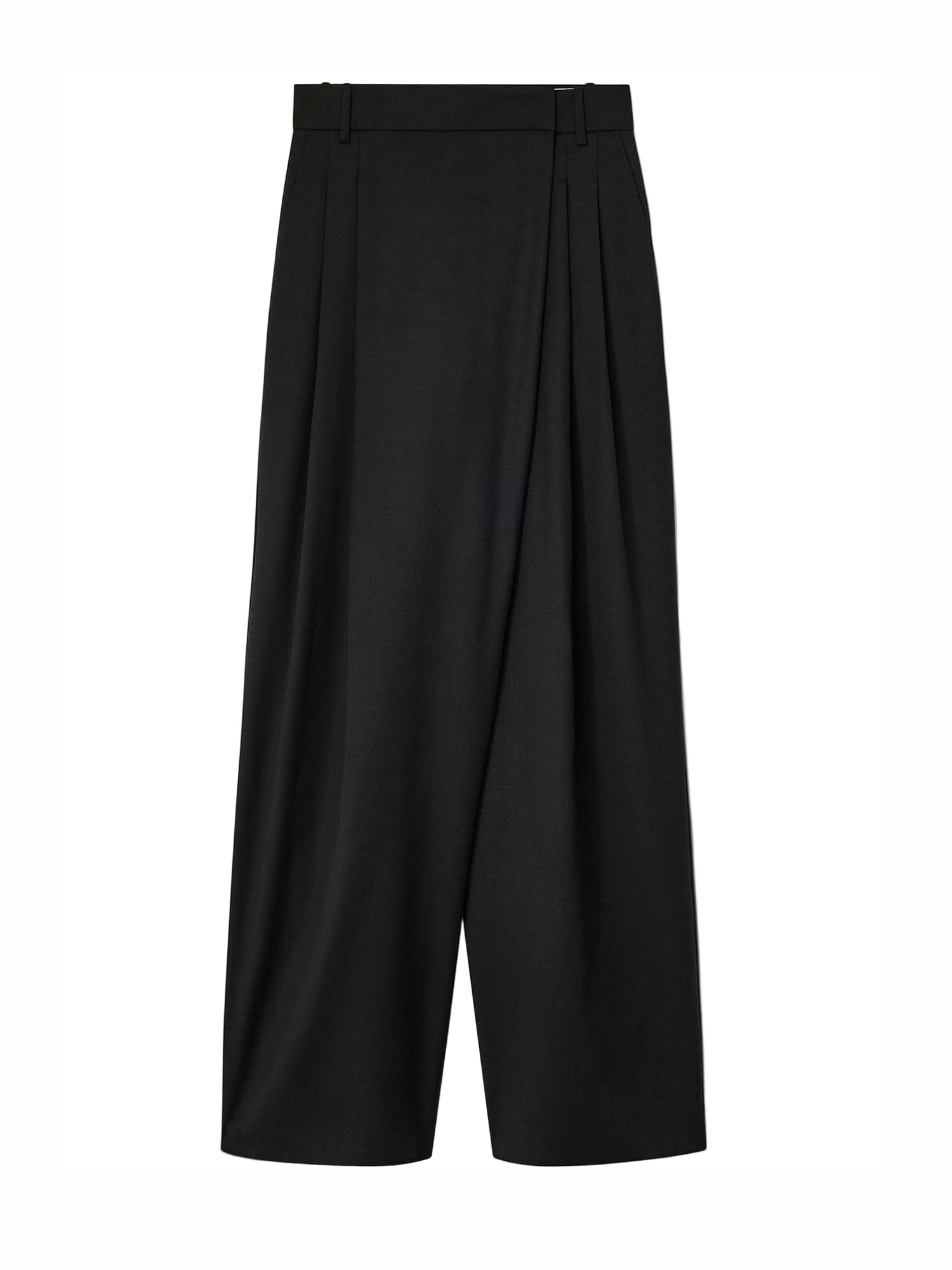 Cross-over wool mid waist trousers, black
