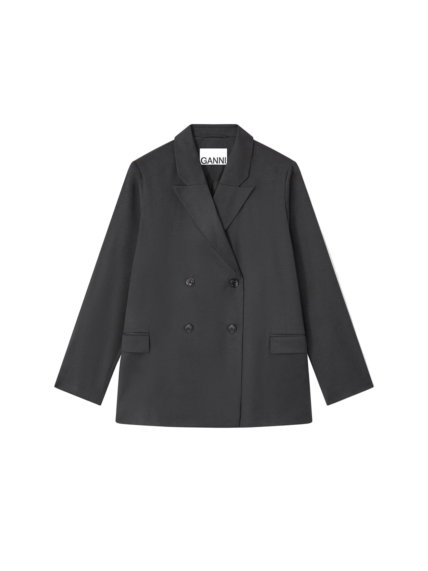 Black blazer with 'Ganni' branding on a white background