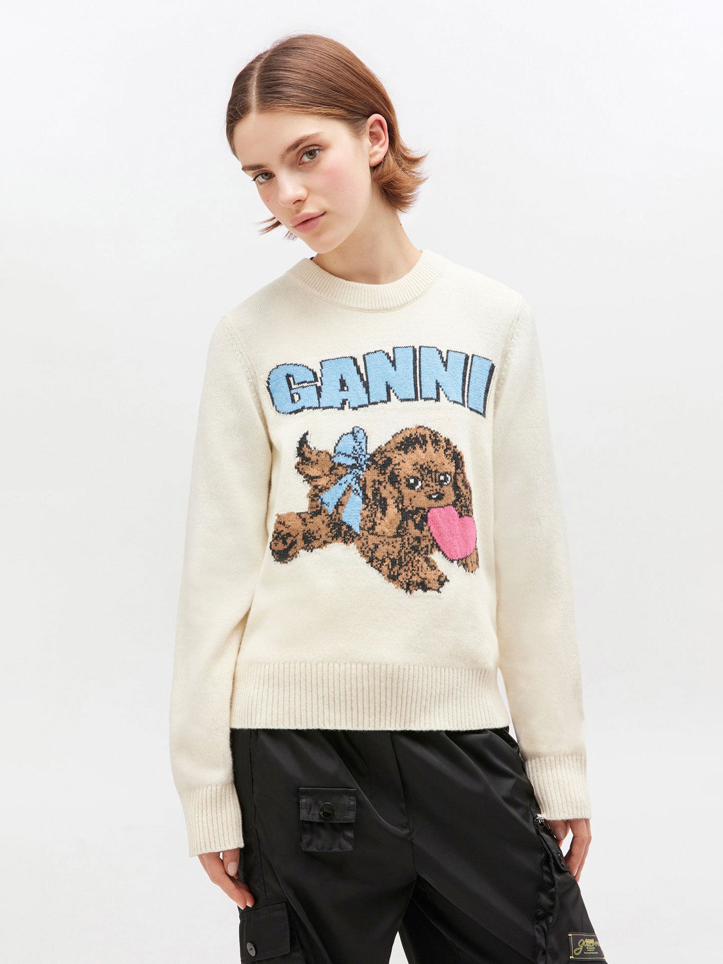 Graphic wool mix fluffy puppy love crewneck, ivory
