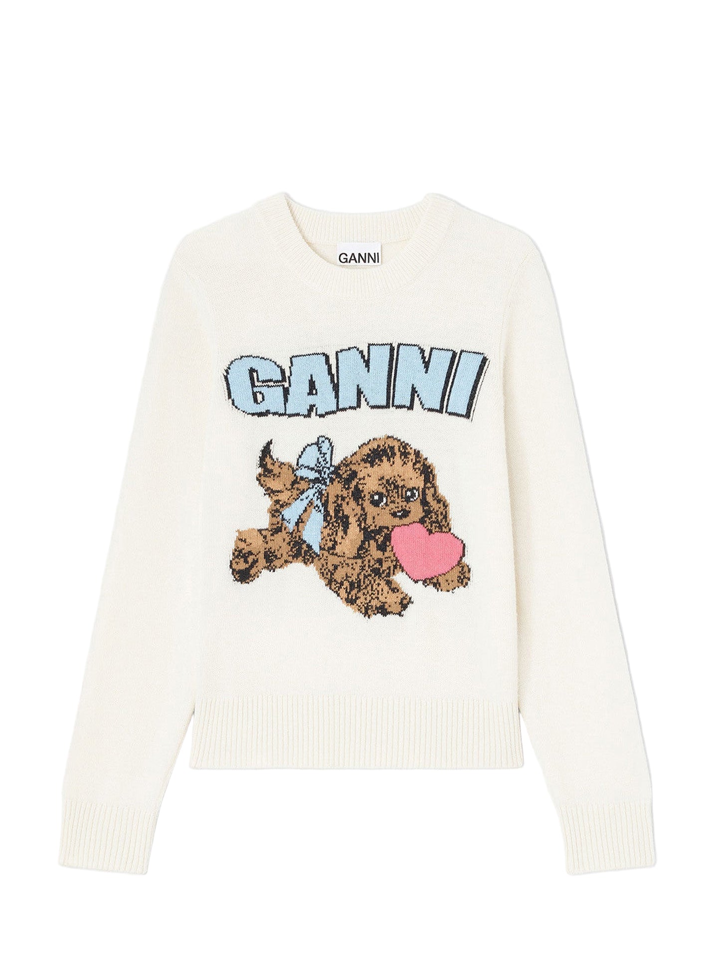 Graphic wool mix fluffy puppy love crewneck, ivory