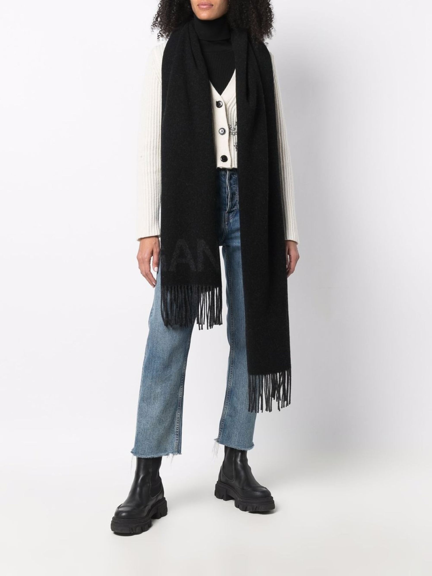 Fringed Wool Scarf, black