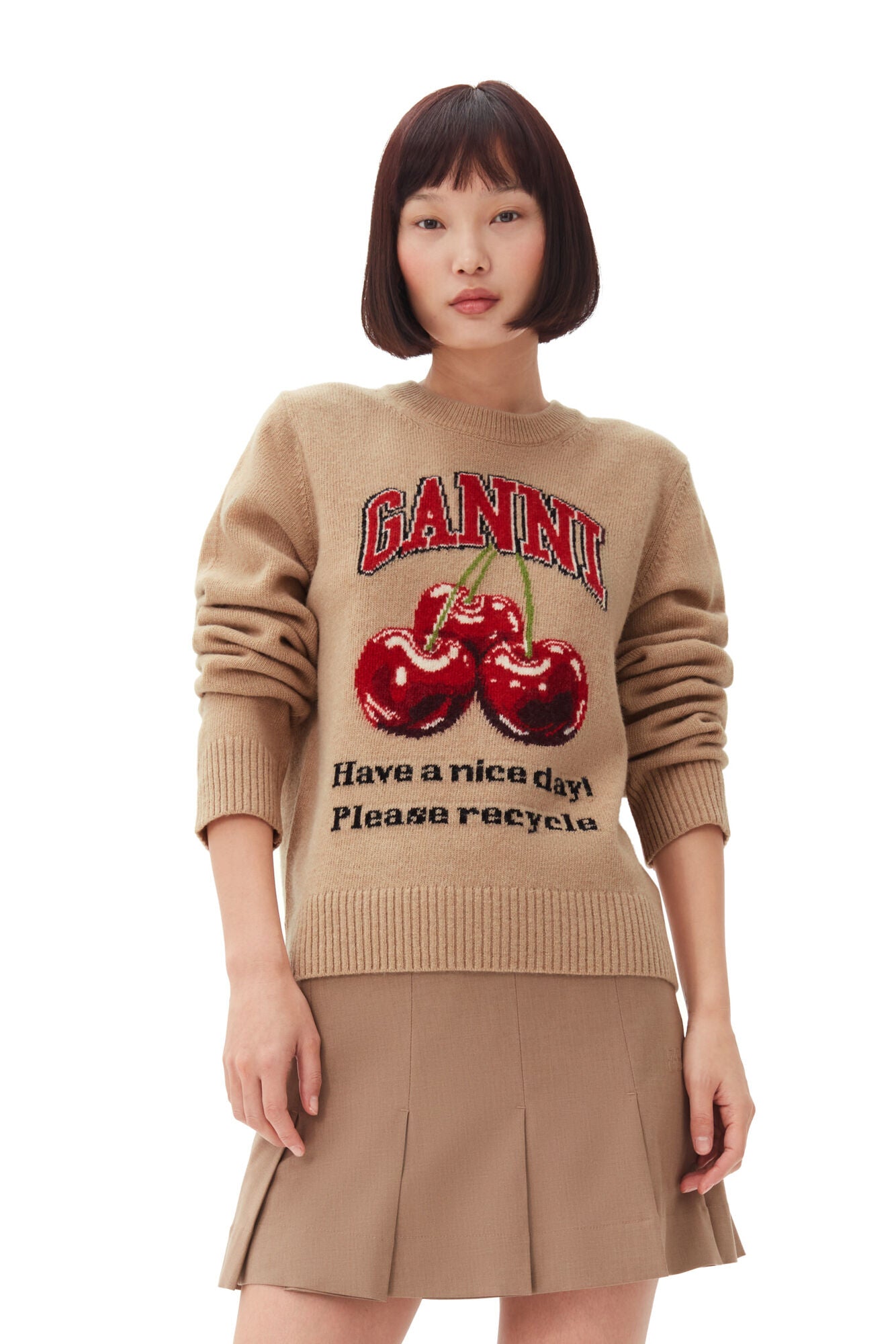 Graphic Wool Mix Cherry Crewneck, safari