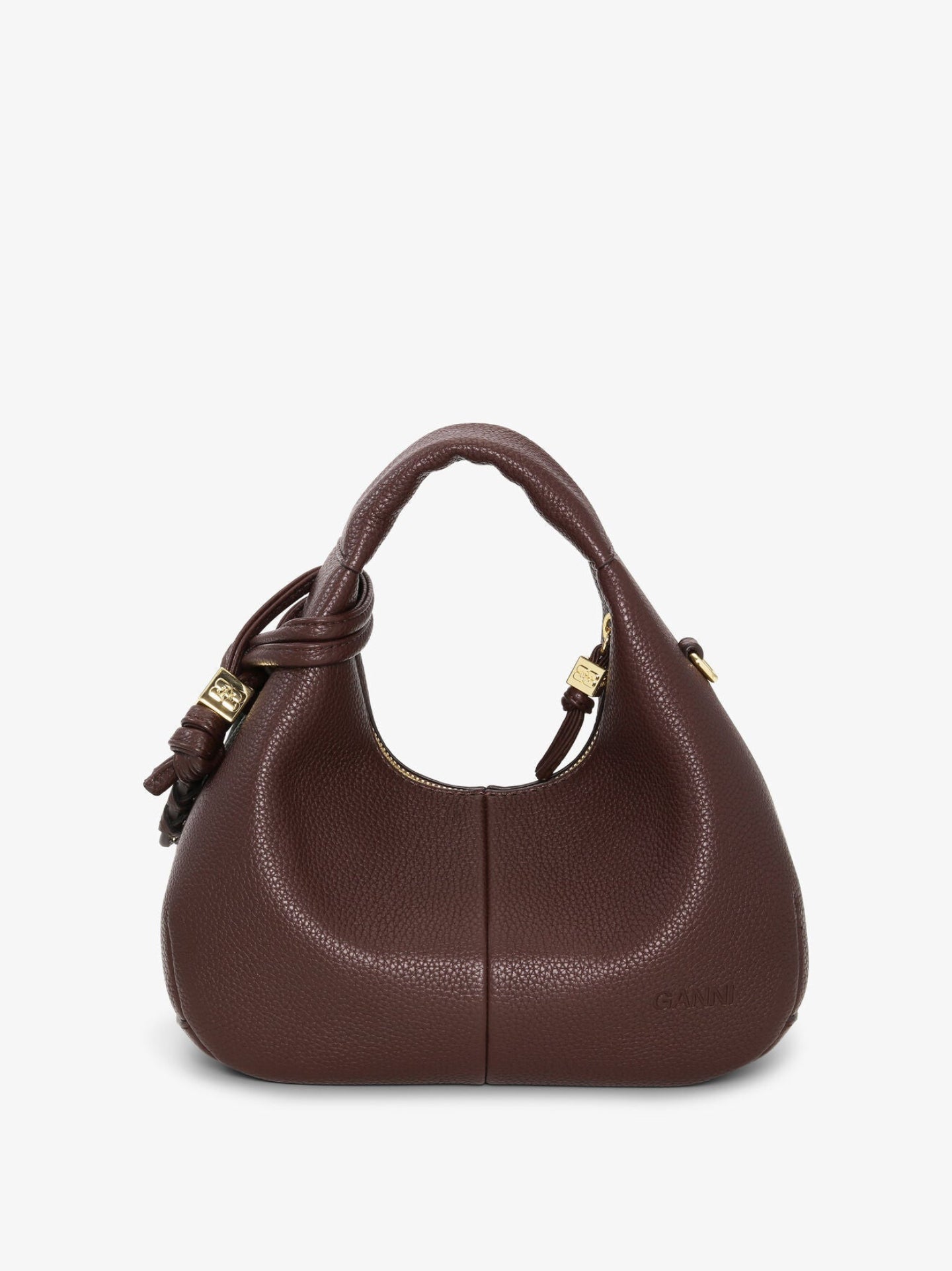 Brown handbag with gold accents on a white background