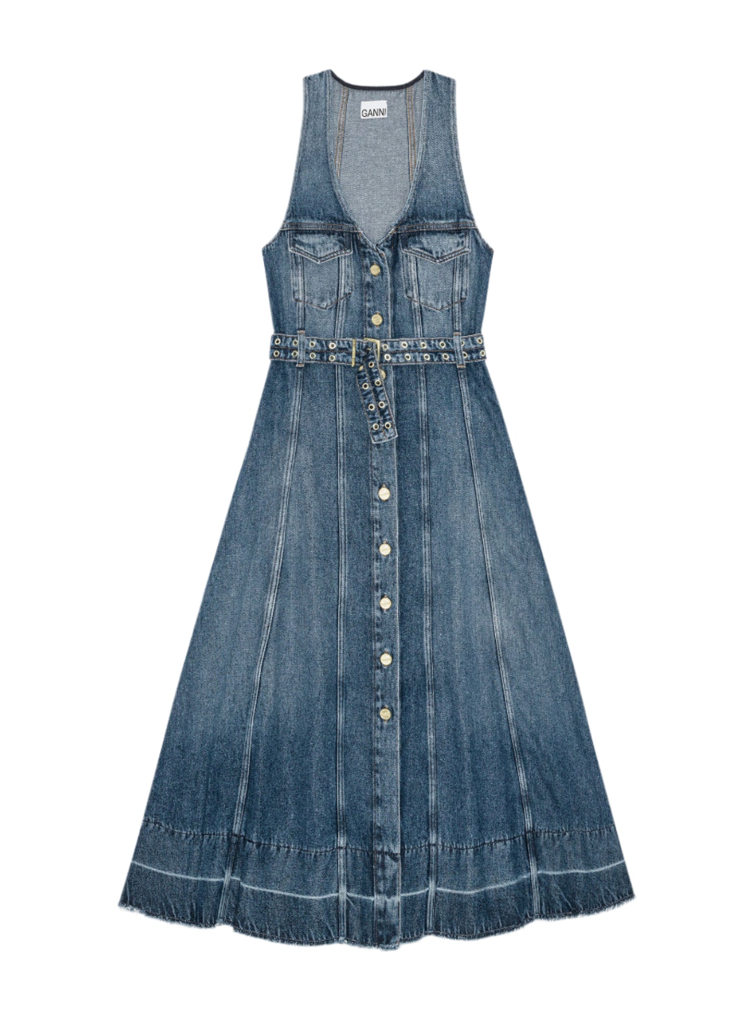 Light Denim Belt Midi Dress, mid blue vintage