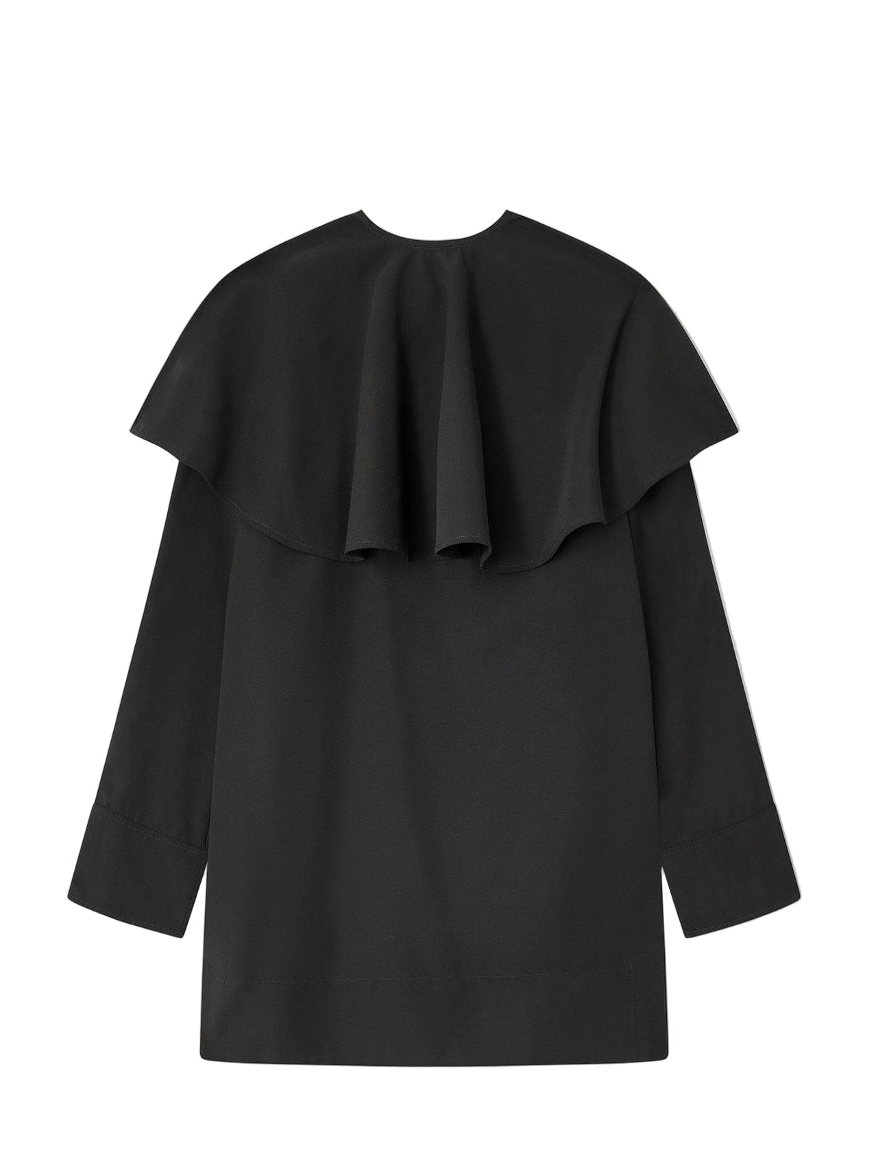 Black dress with ruffled collar on a white background