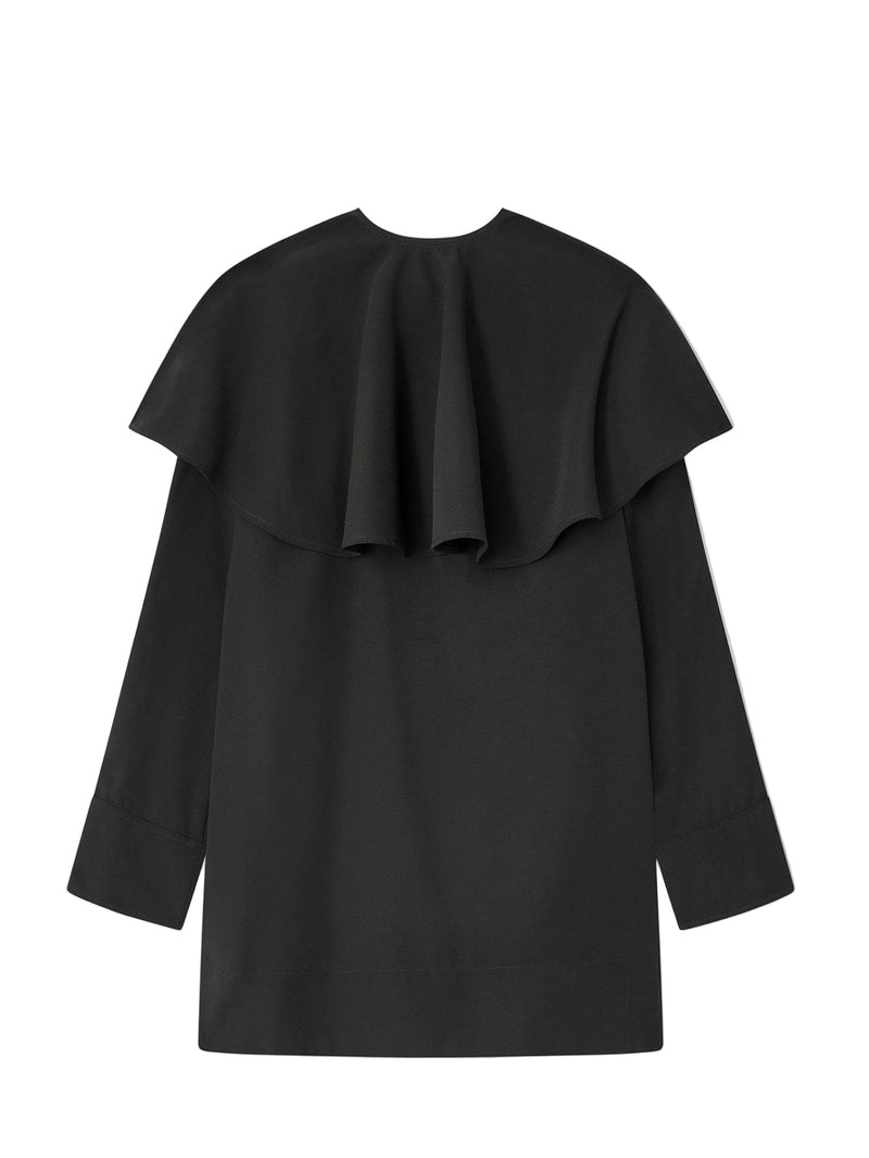 Black dress with ruffled collar on a white background