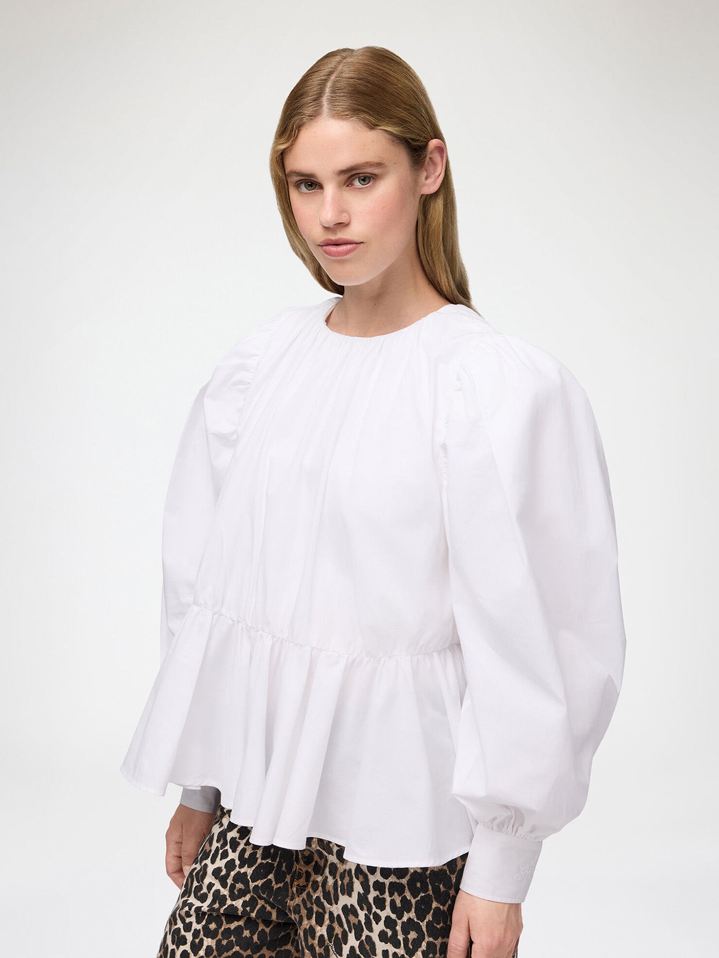 Gathered compact poplin peplum blouse, bright white