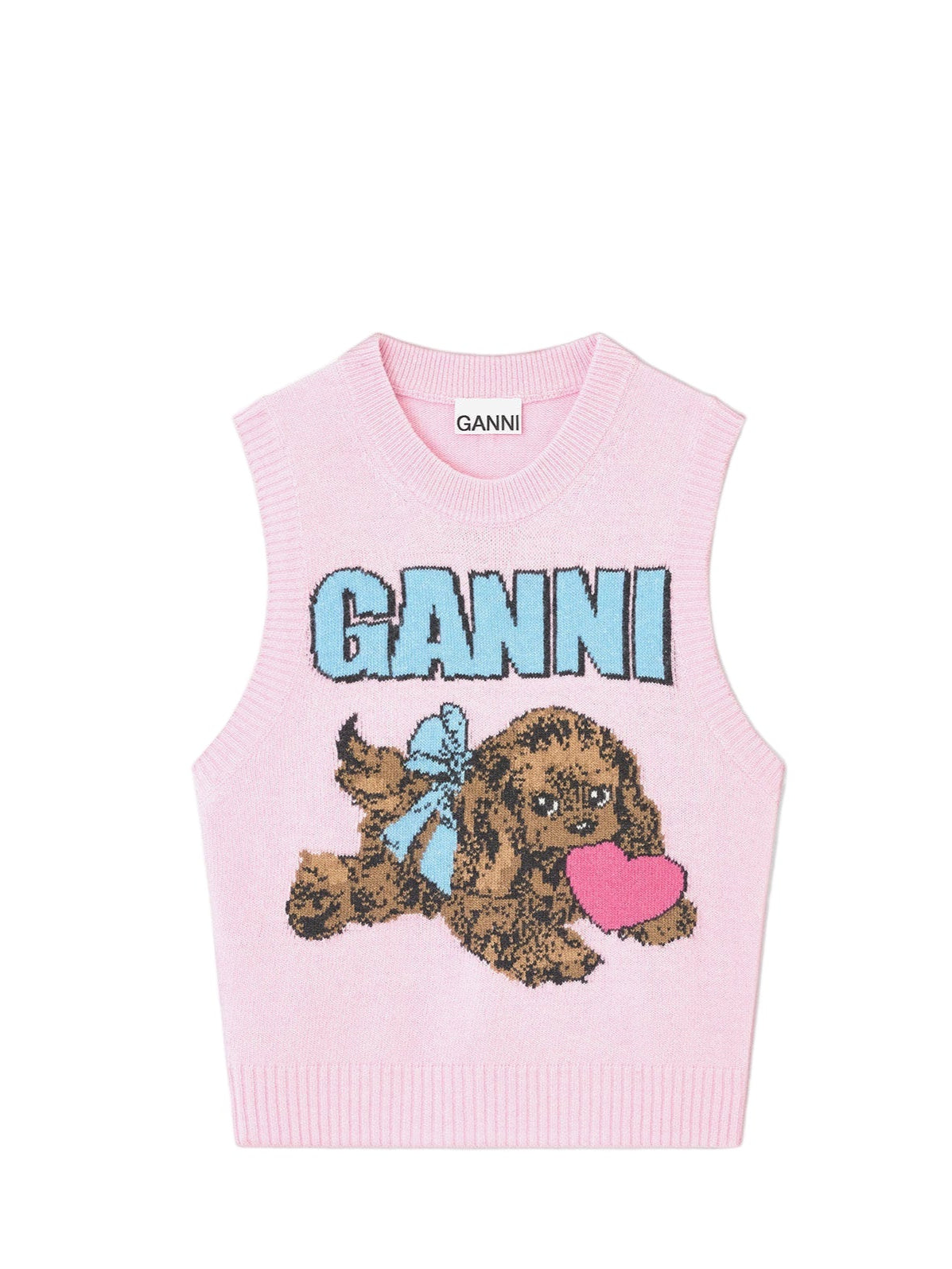 Pink sleeveless top with a dog graphic and 'Ganni' branding on a white background