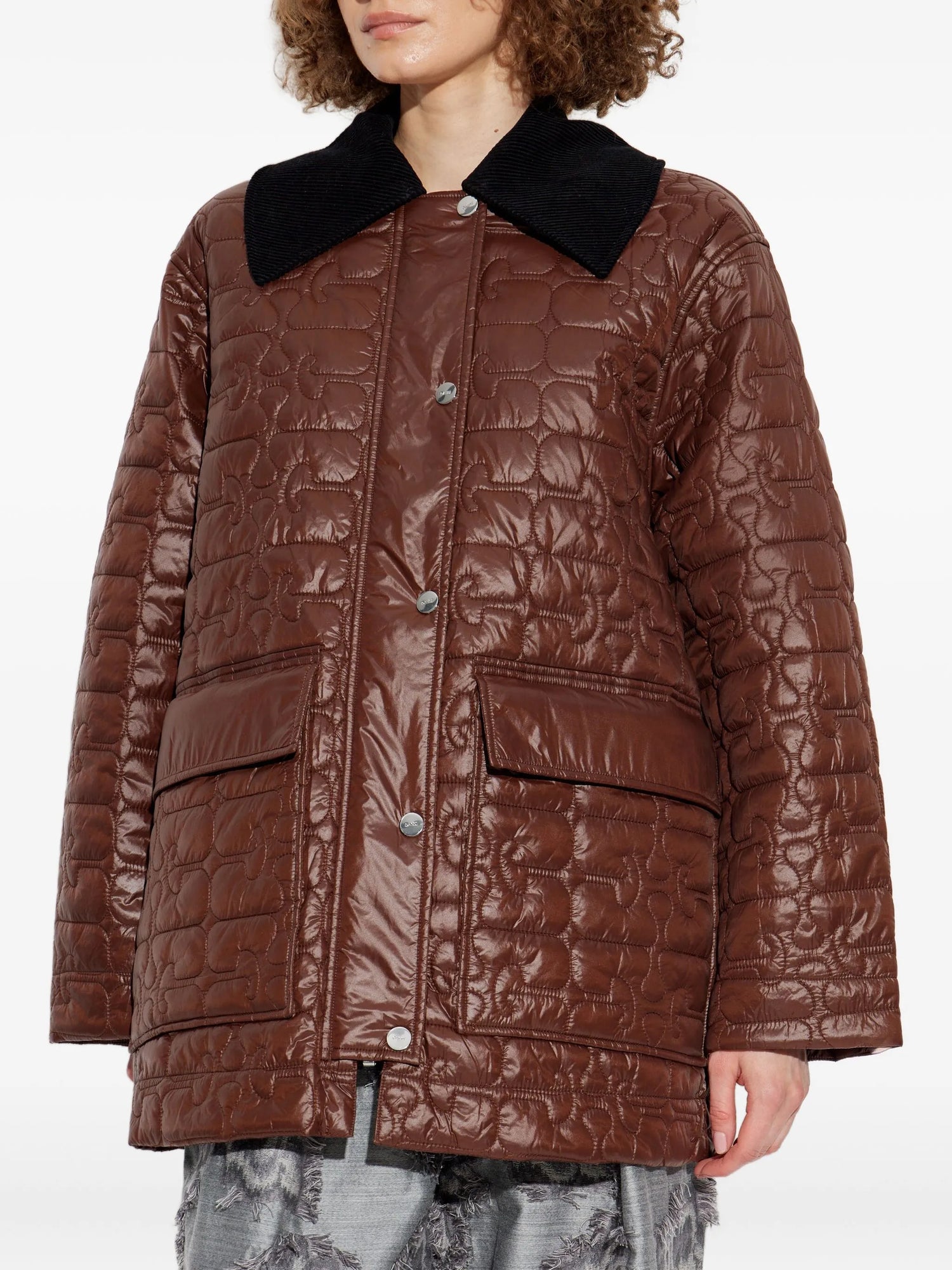 Shiny Quilt Midi Jacket, chicory coffee brown