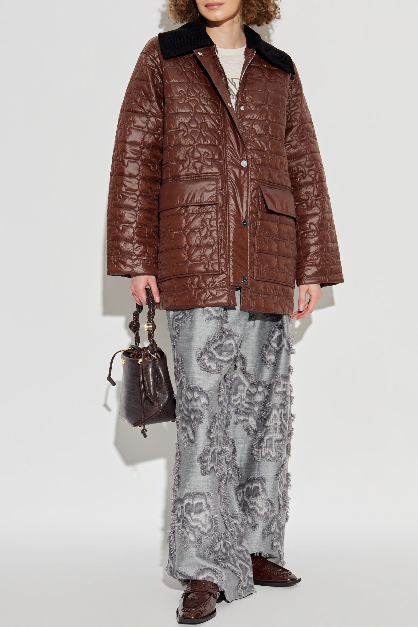 Shiny Quilt Midi Jacket, chicory coffee brown