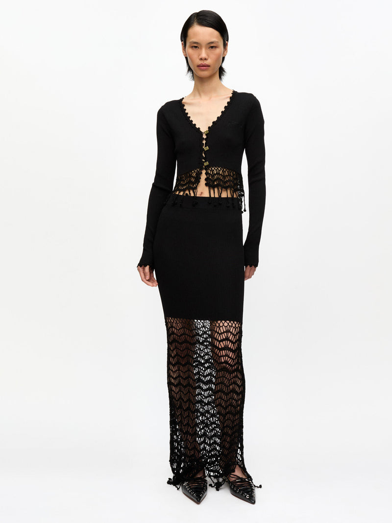 Shiny Viscose Crochet Skirt, black